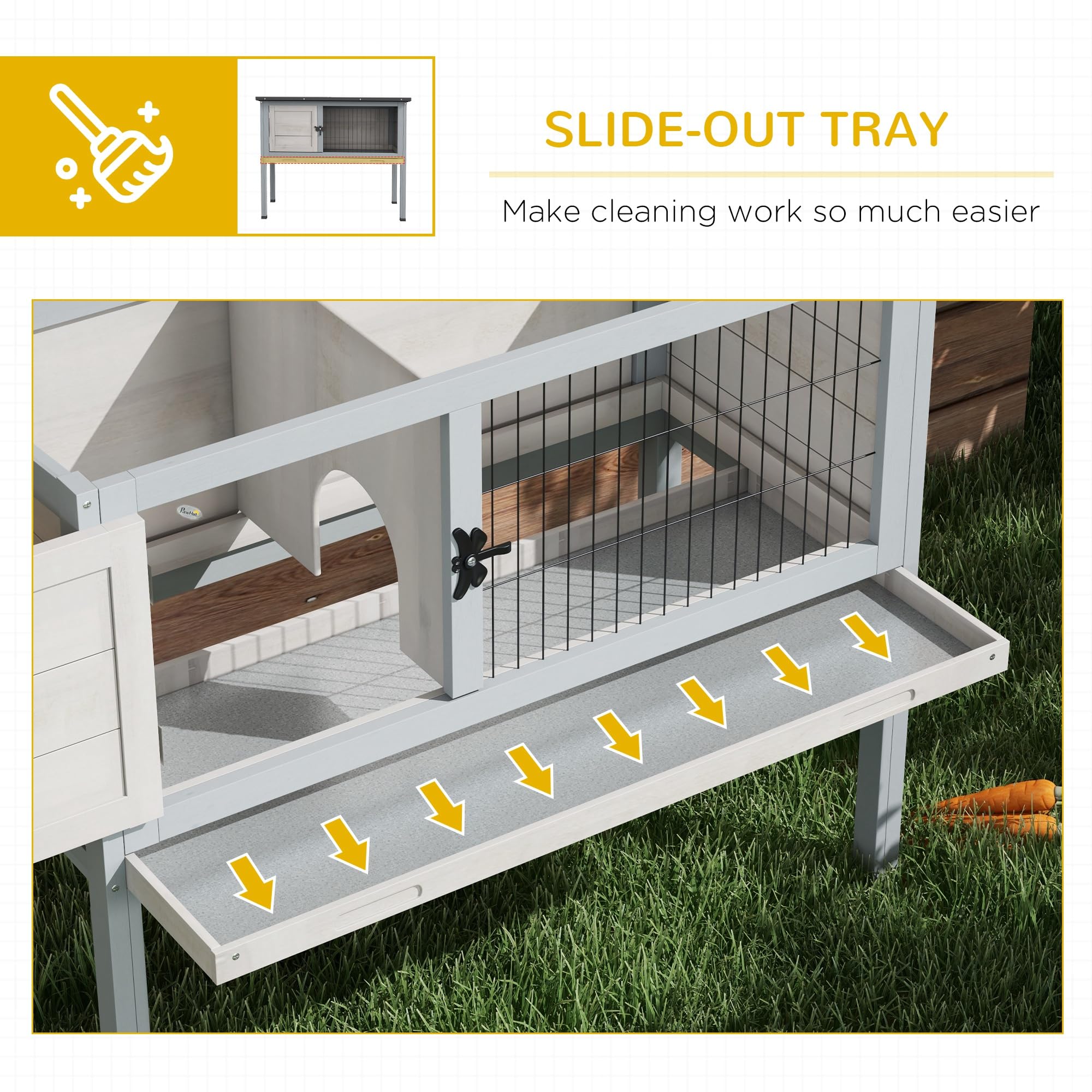 Pawhut Elevated Wooden Rabbit Hutch, Indoor/Outdoor Bunny Cage With Hinged Asphalt Roof And Removable Tray For Guinea Pig, Gray