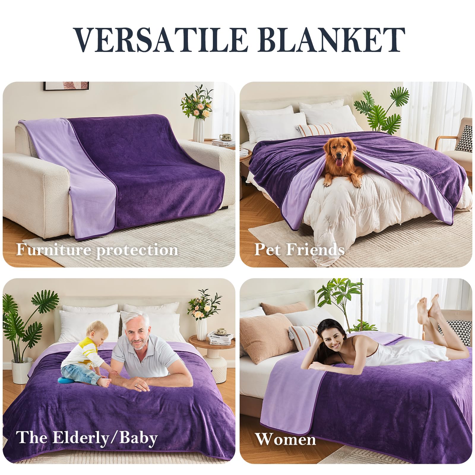 Yaning Waterproof Blanket, Reversible Bed Cover for Pets, 40"x60", Dark Purple/Light Purple, Soft Polyester, Model WBC-D1/4060D