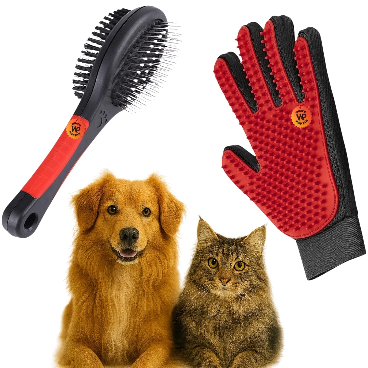 WhatS Poppin Pet Grooming Combo | 17.5Cm Plastic DualSided Comb With Metal Pins & Bristles + OneSided Deshedding Glove With S