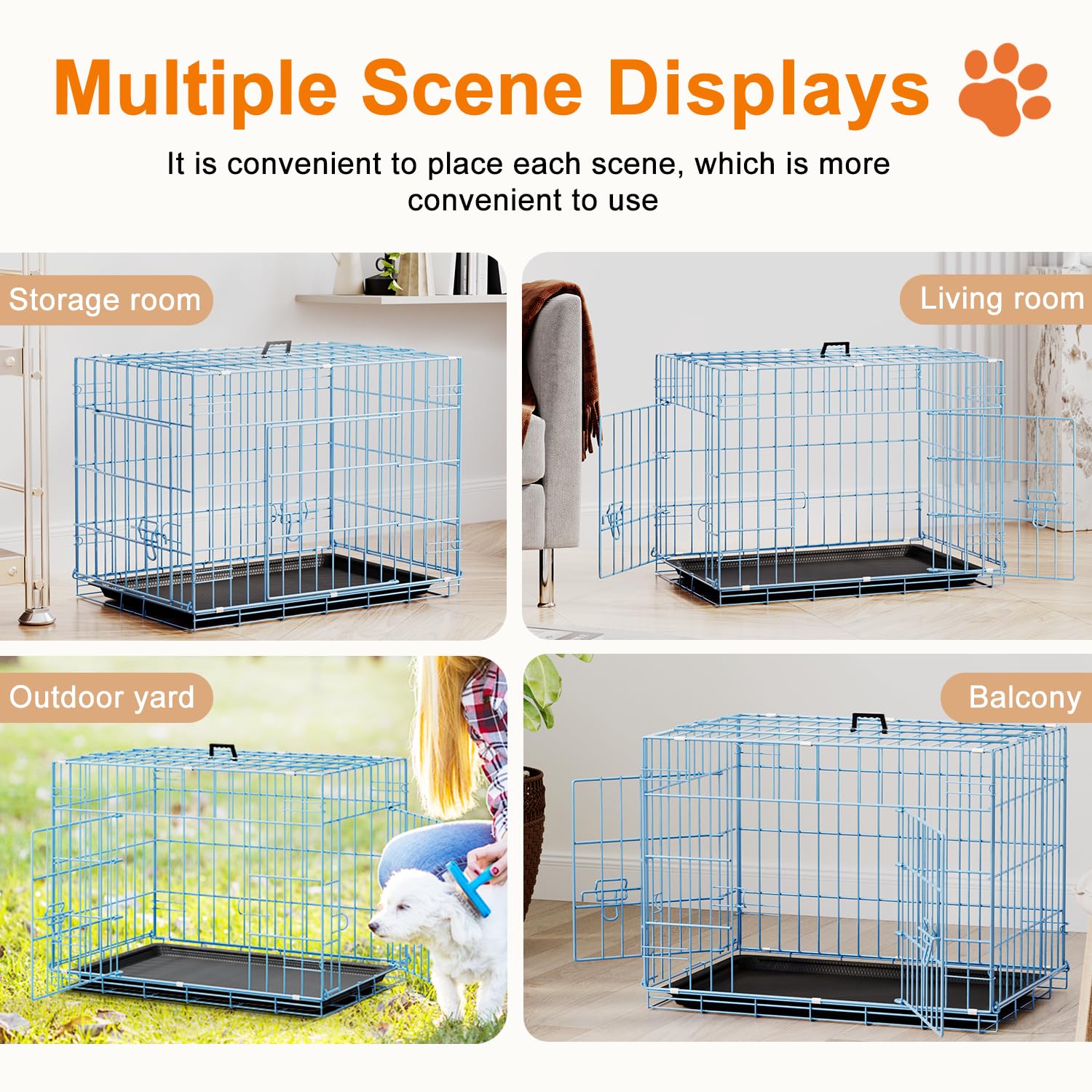 FDW 24inch Dog Crate Pet Cage with Metal Folding Design Plastic Tray Indoor Outdoor Dog Kennel Cage for Small Dogs,Blue