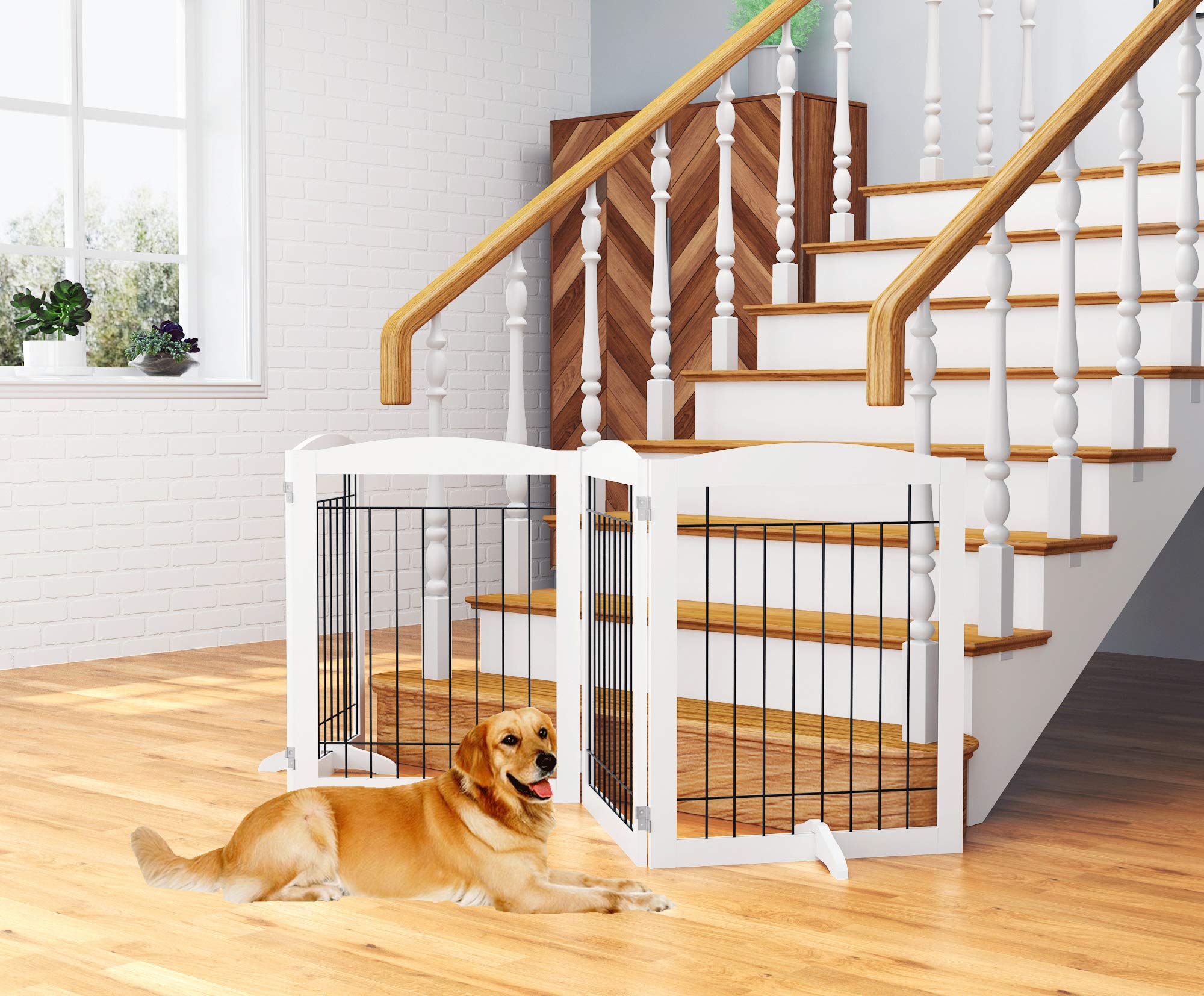 PAWLAND Extra Wide Dog Gate - 4 Panel Wooden Pet Fence, 96"W x 30"H, Freestanding, White, Model SS18-UTXP204