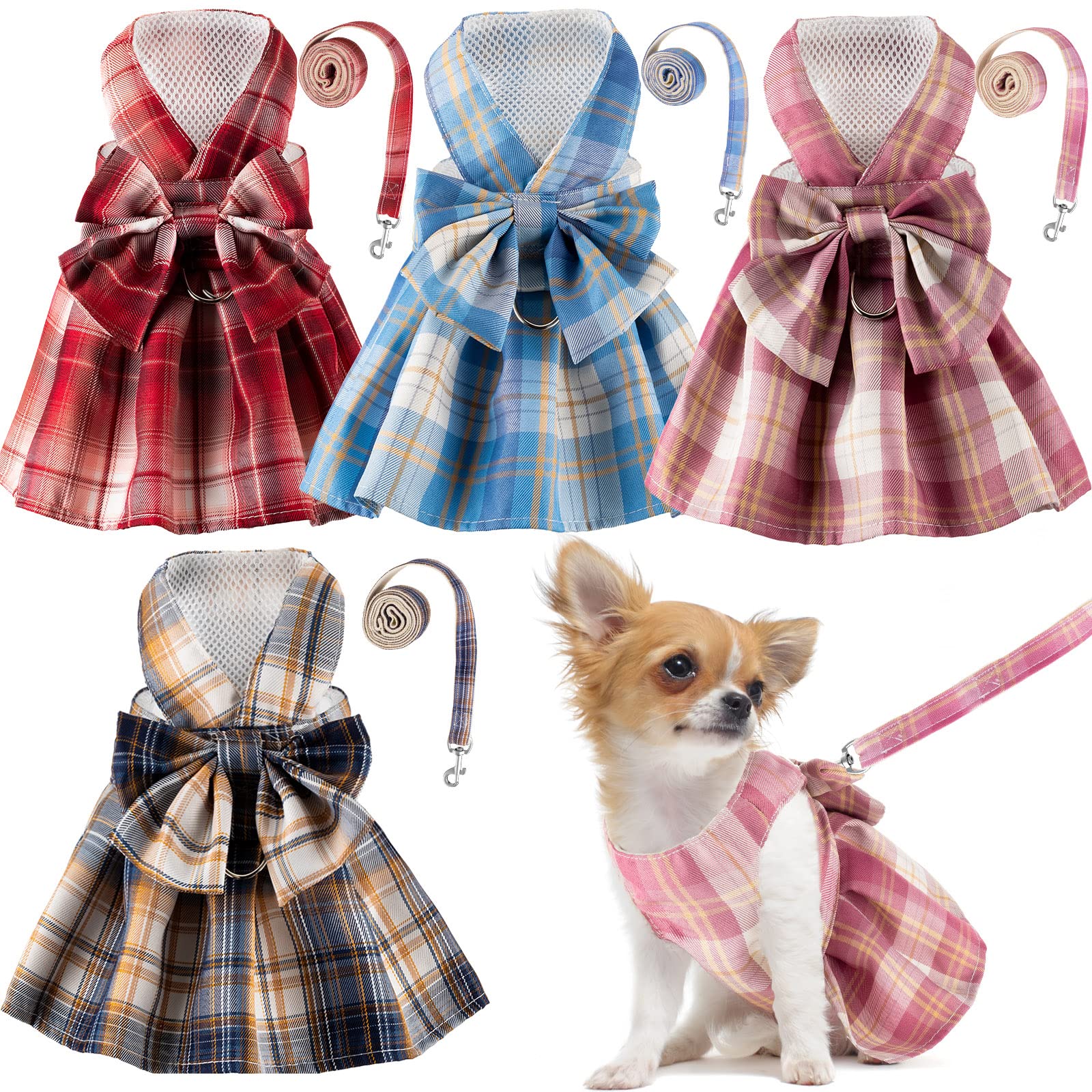 Potchen 4 Pcs Plaid Dog Dress Bow Tie Harness Leash Set Harness Dress For Small Dogs Cute Dog Pet Girl Puppy Summer Clothes For Female Summer Bunny Rabbit Clothes Yorkie Chihuahua Training Walking (S)