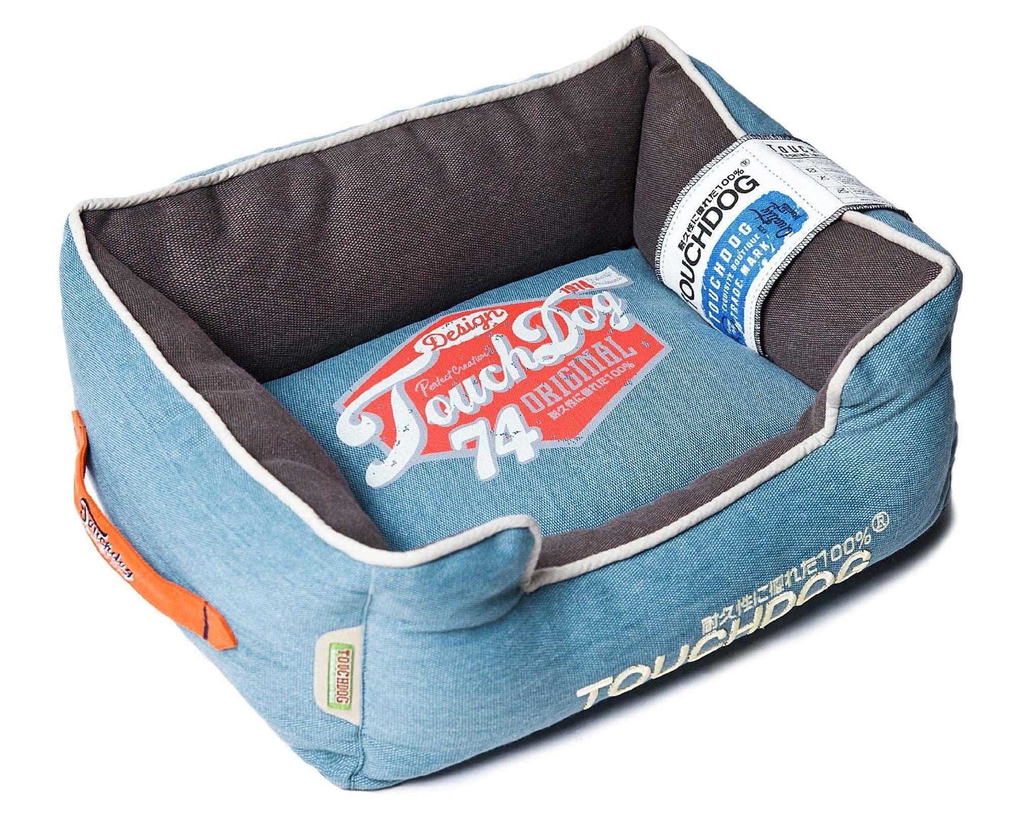 Touchdog Sporty Vintage Original Throwback Reversible Plush Rectangular Pet Dog Bed, Medium, Dark Blue, Mud Brown