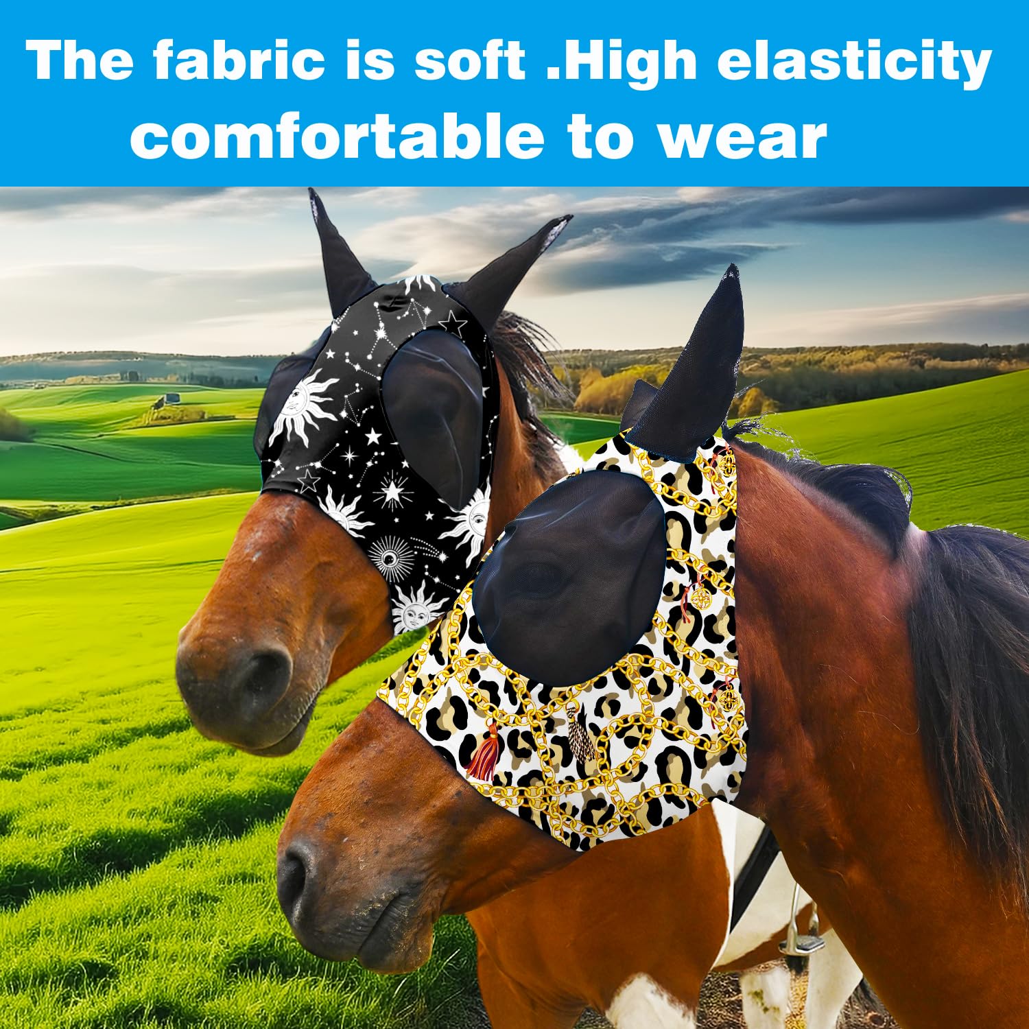 Super Comfort Fly Marsks for Horses of 4pcs Set-Horse FlyMask with Ears- Elasticity Fly Mask with UV Protection(Size:L