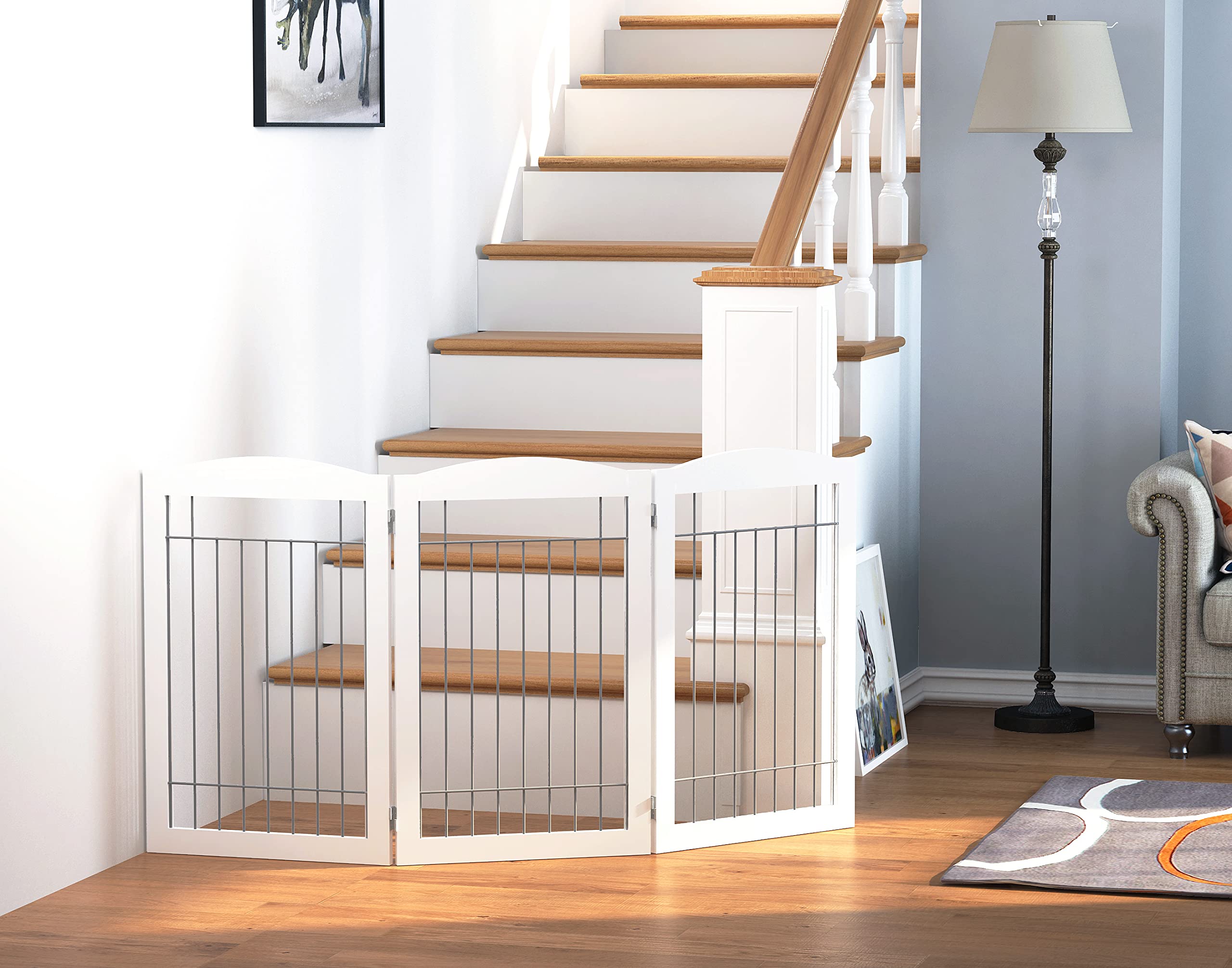 Spirich Freestanding Wire Pet Gate - 3 Panels, 60"W x 30"H, Sliver Wood, Extra Wide Dog Safety Gate for Doorways & Stairs