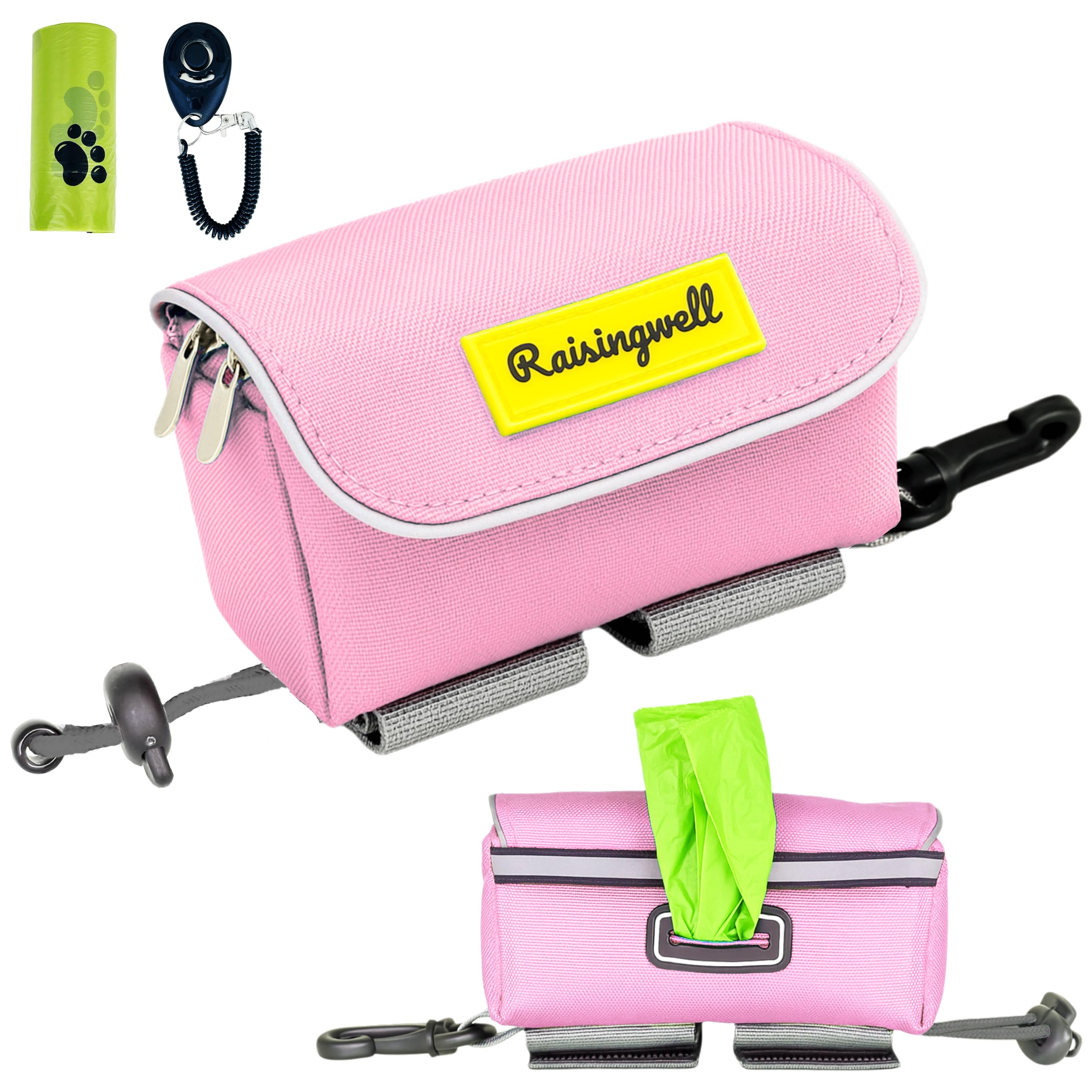 Dog Treat and Poop Bag Holder for Leash, 2 Waterproof Zipper Pouches for Pet Walking Accessories, with Dispenser, Training Click