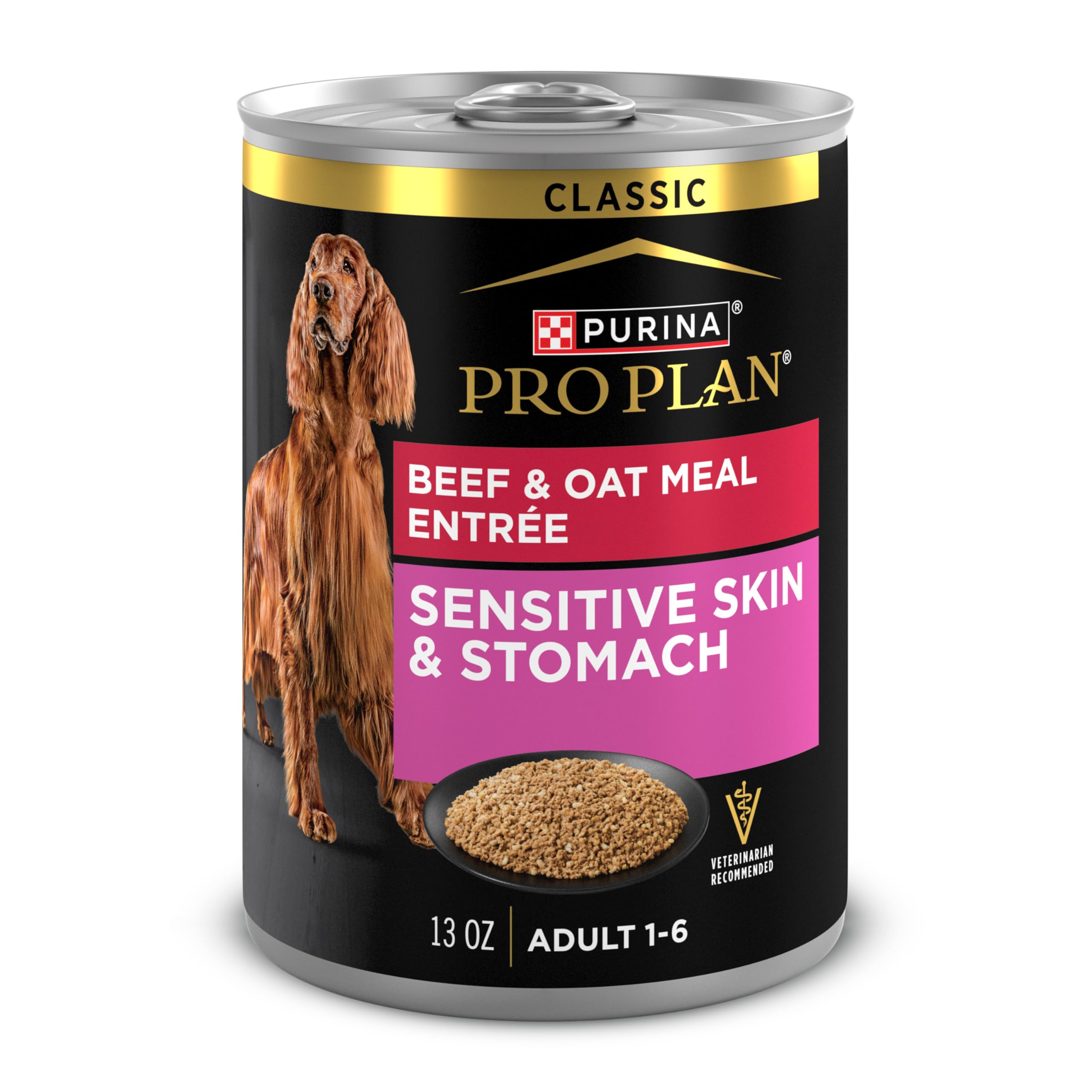 Purina Pro Plan Sensitive Skin and Stomach Dog Food Wet Classic Pate Beef and Oat Meal Entr  e - (Pack of 12) 13 oz. Cans