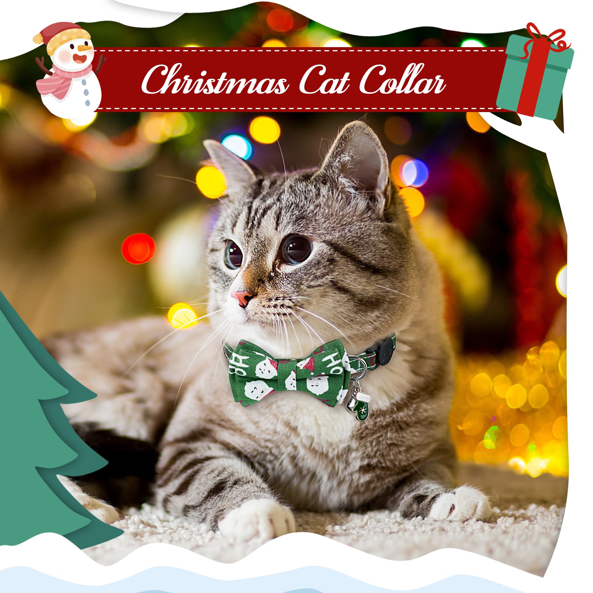 G-Ficu 2 Pack Christmas Cat Collar Breakaway With Cute Bow Tie Bell Charm, Snowflake Santa Claus Holiday Collars For Girl Boy Ca