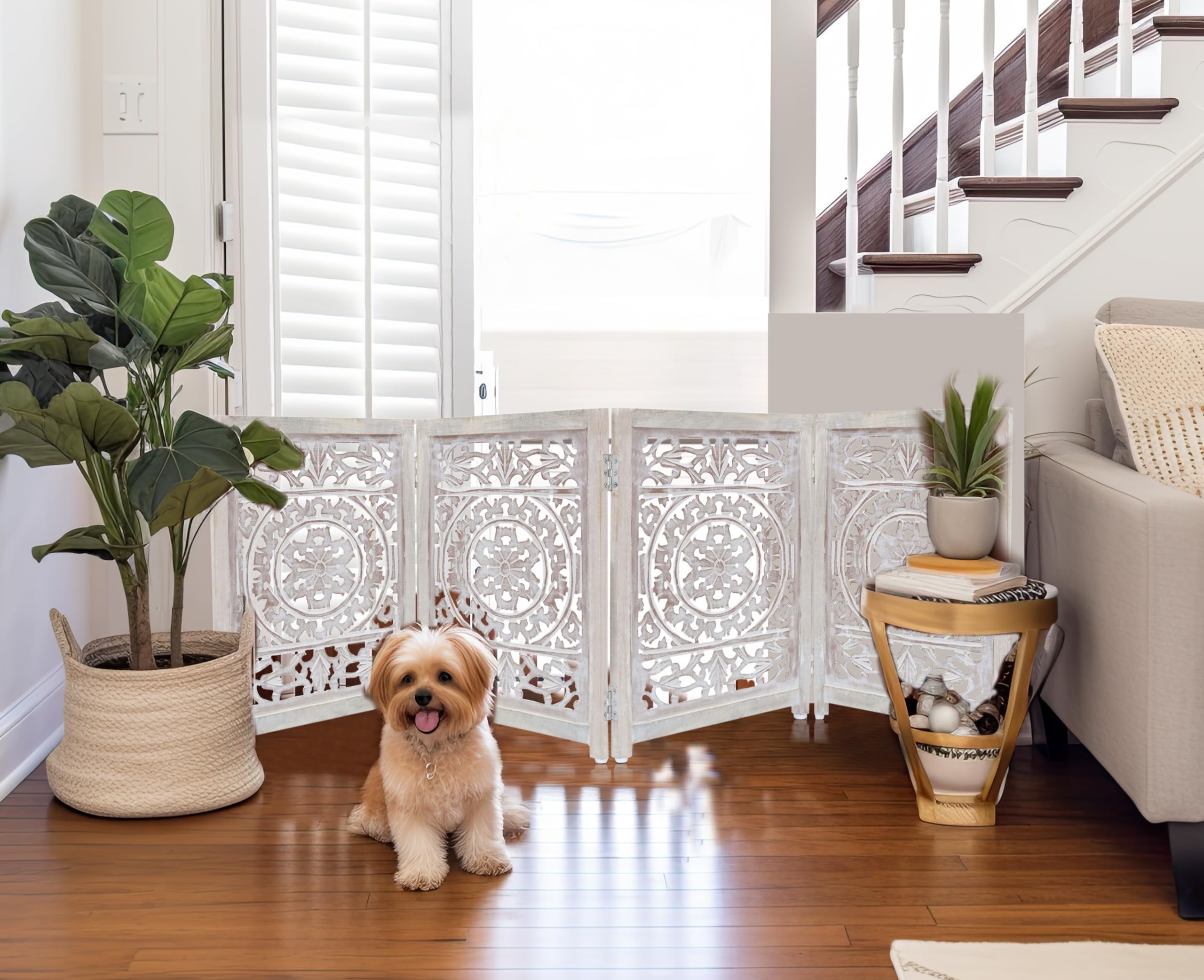 Wooden Foldable Pet Dog Safety Gate - 3 Panel 20'' W X 24'' H - Hand Carved Suzani Free Standing Portable Indoor Puppy Gate - Do