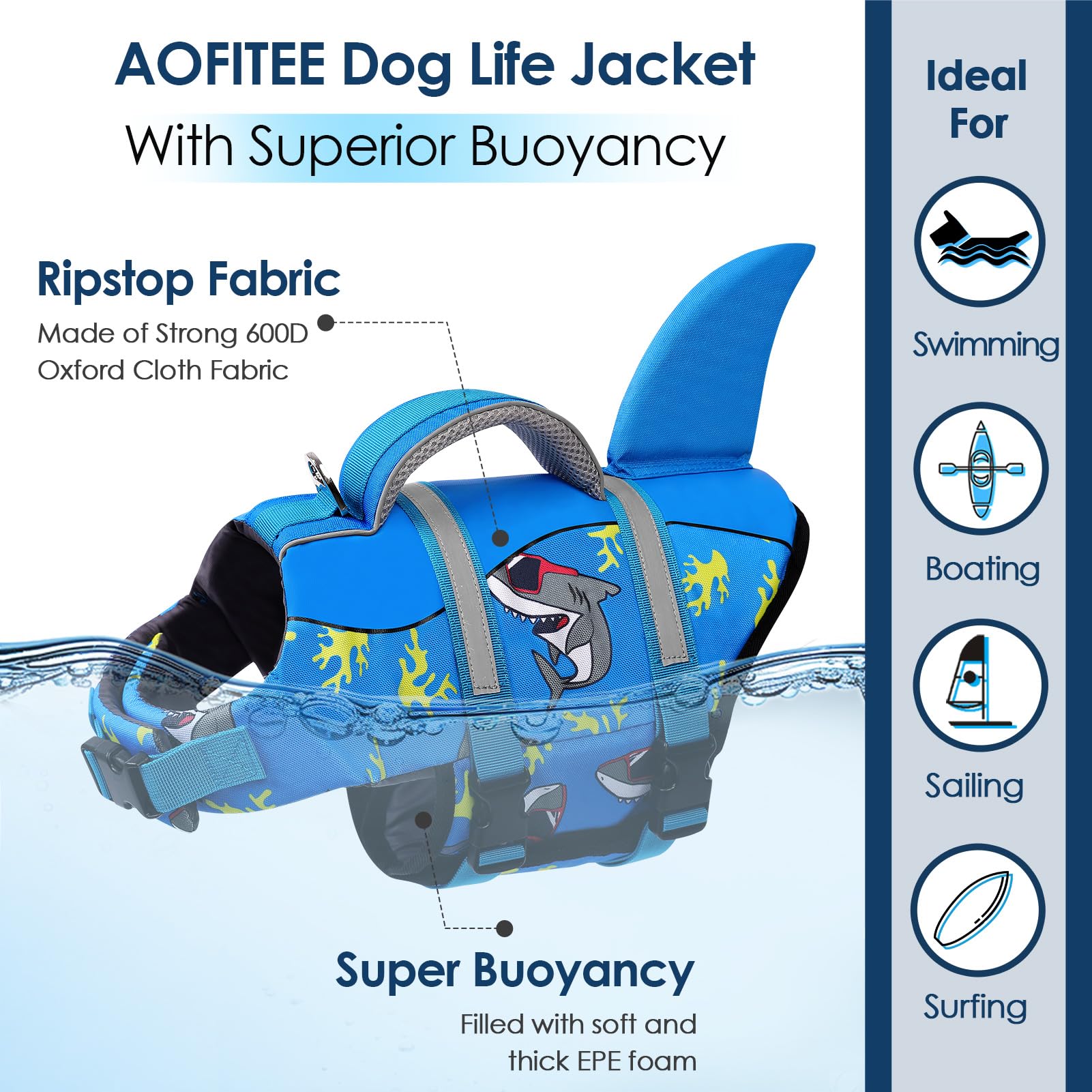 Aofitee Dog Life Jacket Large, Shark Dog Life Vest For Swimming Boating, High Flotation Reflective Dogs Swimming Vest Lifesaver