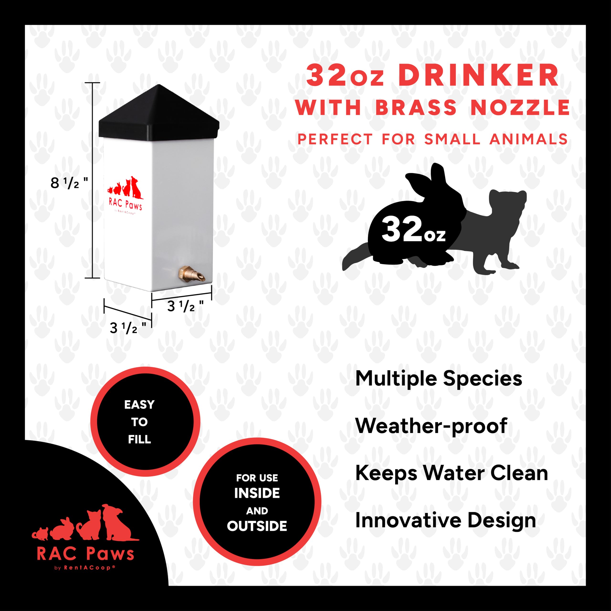 RAC Paws by RentACoop 32oz (1 Liter) Small Animal Drinker with No-Drip Brass Nozzle - Suitable for Small Pets, Bunnies, Hamsters, Guinea Pigs, Hedgehogs, Rabbits, Chinchillas, Mice and Rats