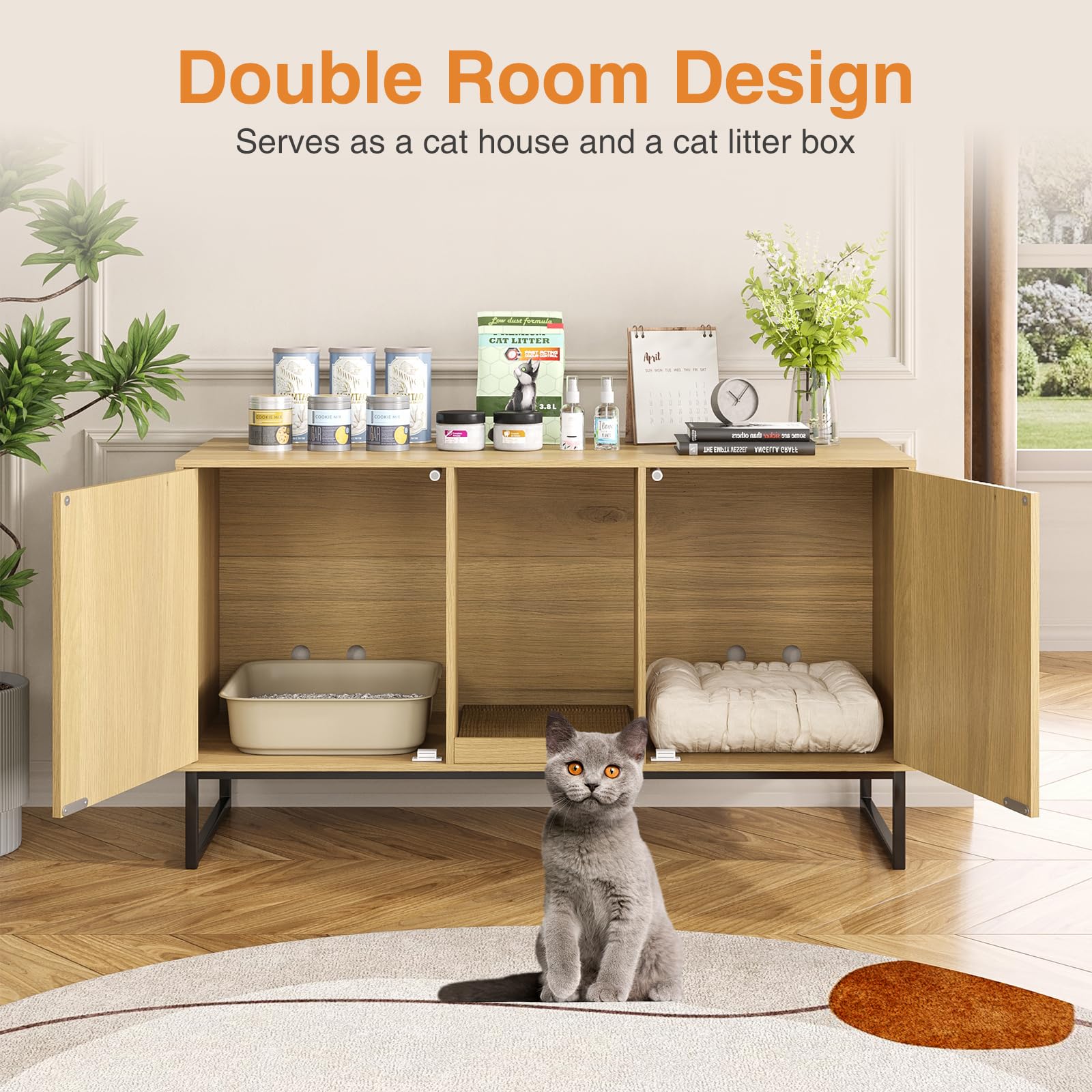 Vabches Litter Box Enclosure For 2 Cats, Hidden Litter Box Furniture With Double Room, Modern Cat House With Scratch Pad For Liv