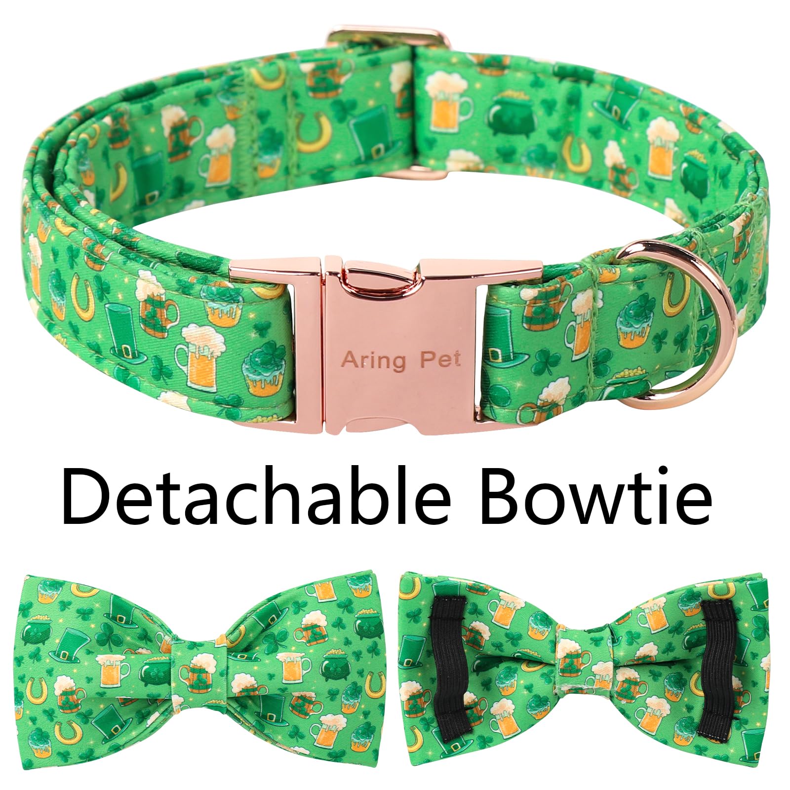Aring Pet St Patrick'S Day Dog Collar-Green Lucky Clovers Dog Collar With Bow, Adjustable Shamrock Bowtie Dog Collars Trefoil Pe