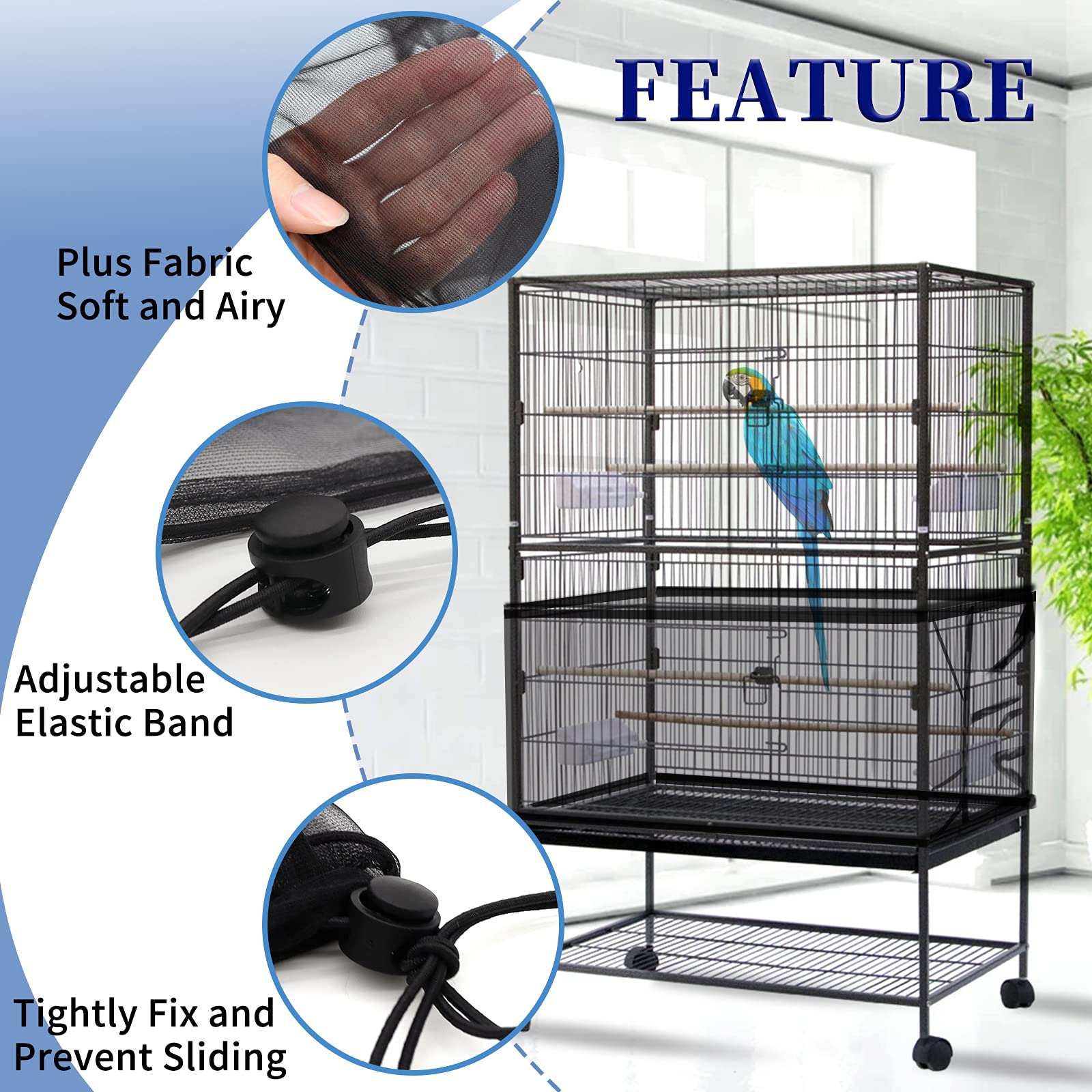 Daoeny Large Bird Cage Cover, Bird Cage Seed Catcher, Adjustable Soft Airy Nylon Mesh Net, Birdcage Cover Skirt Seed Guard For Parrot Parakeet Macaw African Round Square Cages (Black)