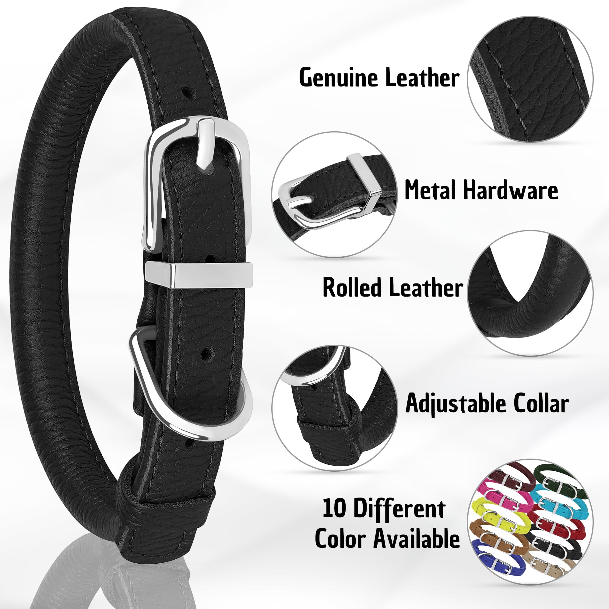Oopsdoggy Rolled Leather Dog Collar Soft Roll Collars For Small Medium Large Dogs Puppy (Black, Xs, 8''-11'')