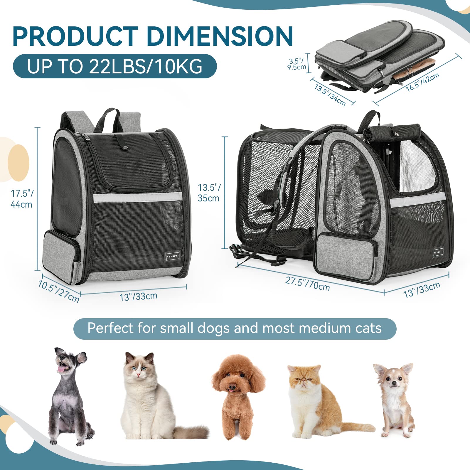 Petsfit Dog Backpack Carrier,Cat Backpacks Expandable with Great Ventilation,Fleece Mat,Perfect for Hiking,Camping Hold Pets Und
