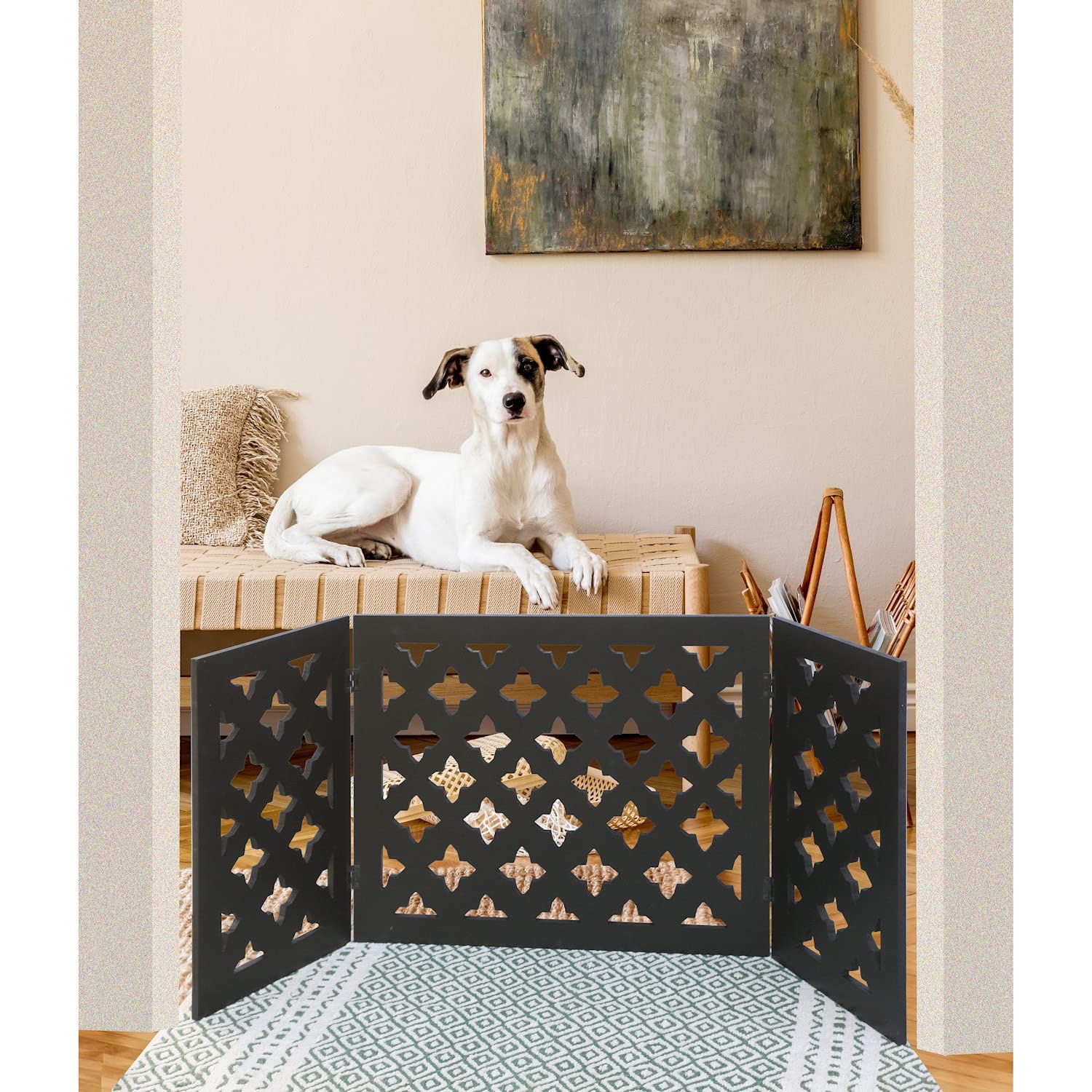 Indoor/Outdoor Solid Wood Starlight Design Freestanding Foldable Adjustable 3-Section Pet Gate