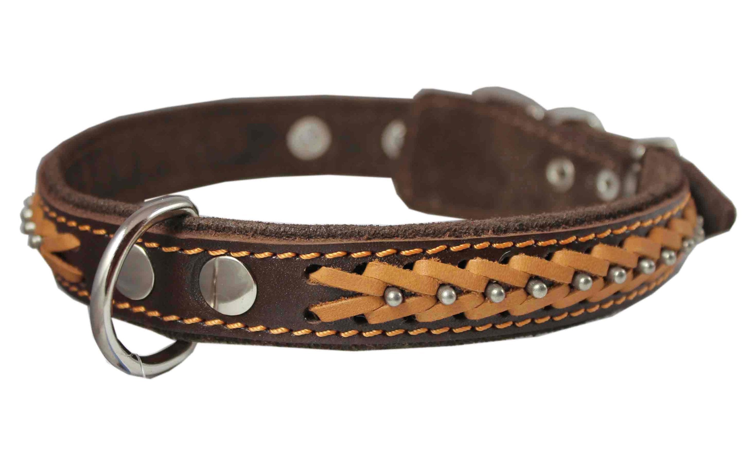 Genuine Leather Braided Studded Dog Collar, Brown 1 Wide. Fits 14-18 Neck.