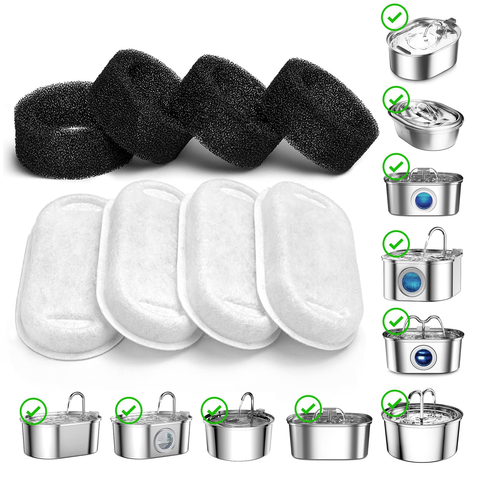 SOOFPET Cat Water Fountain Filter - 8-Pack Replacement Filters (Carbon + Foam) for 108oz Stainless Steel Fountain - 4PCS+4PCS