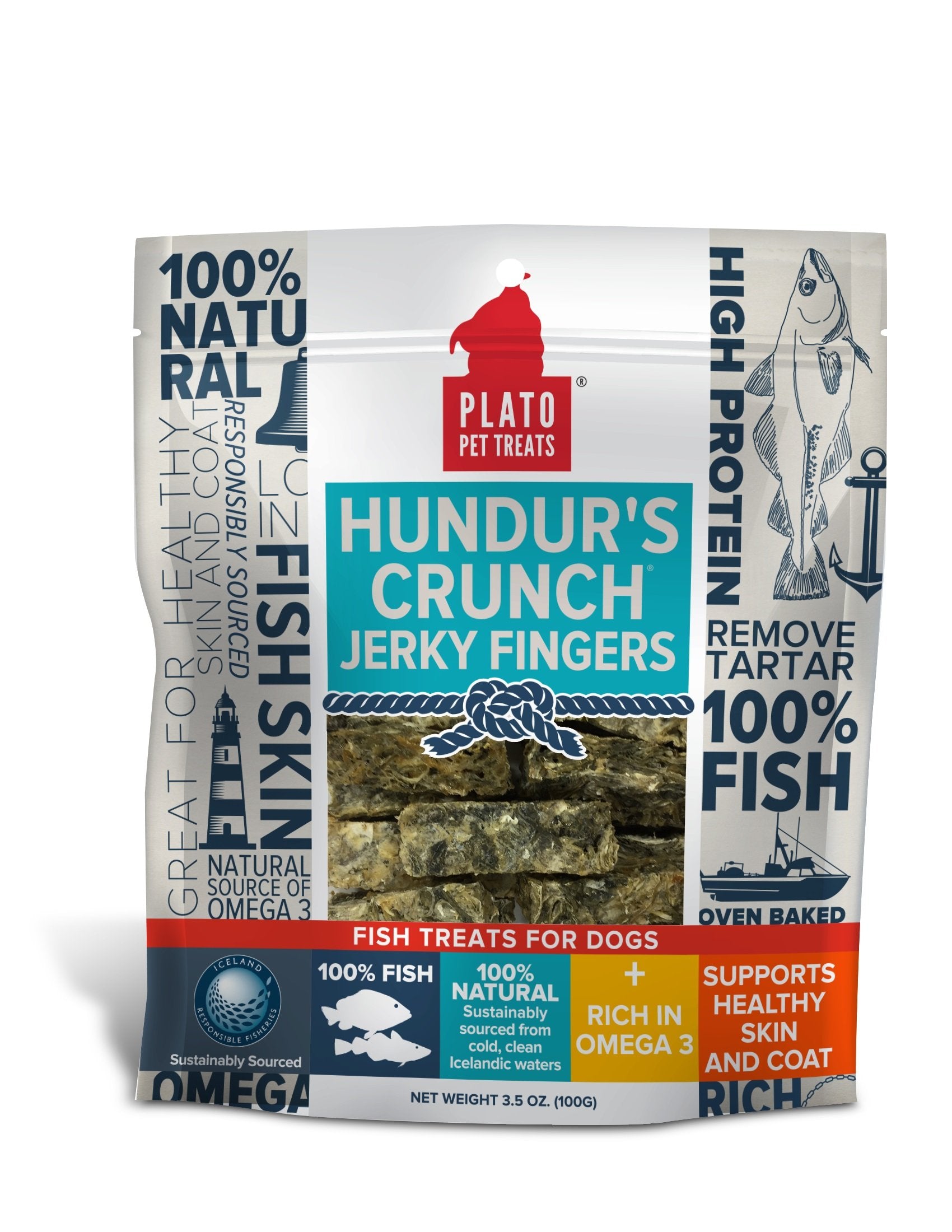 Plato Pet Treats Air Dried Dog Treats Hundurs Crunch Single Ingredient Cod Skin Dog Treats, Jerky Fingers, For Healthy Skin & C