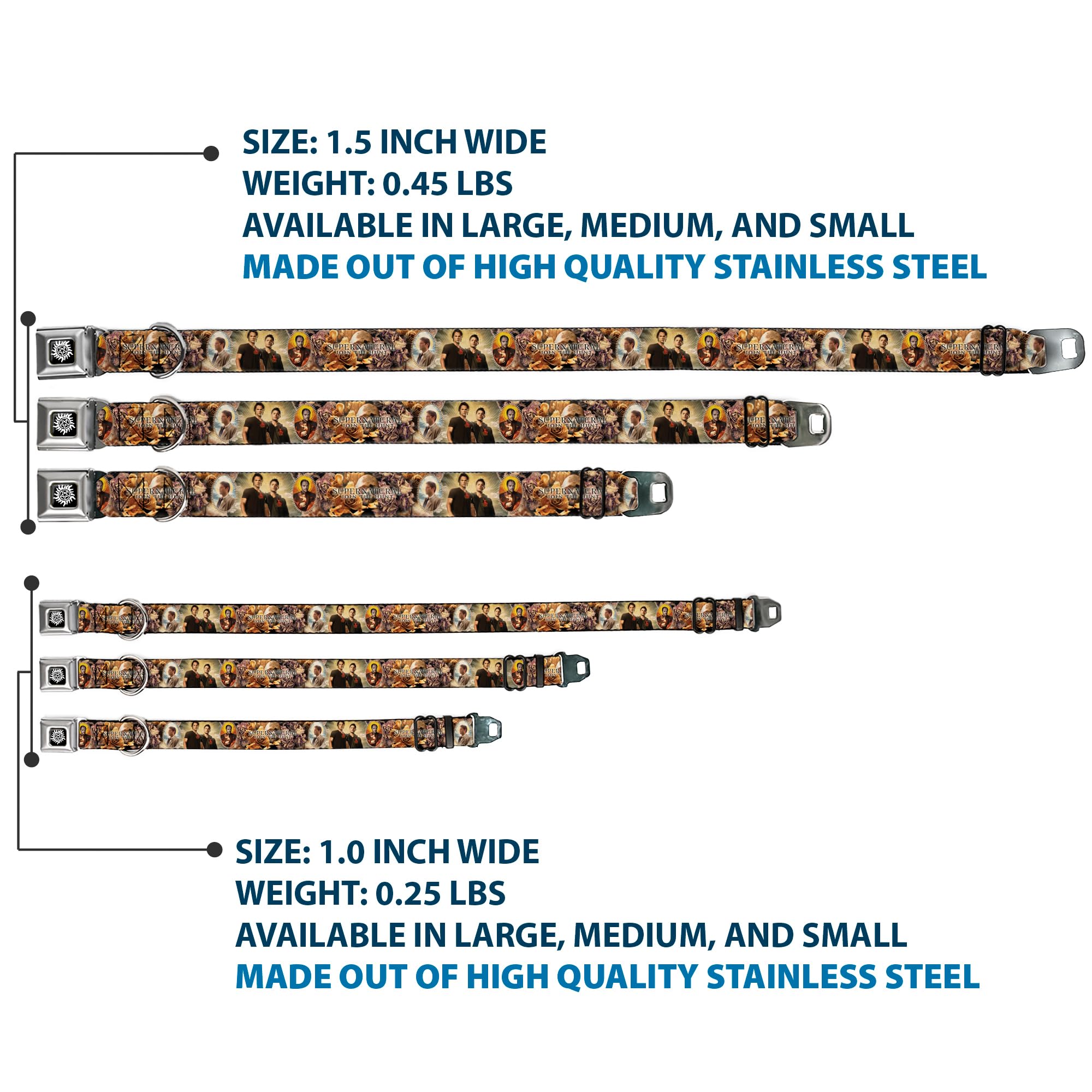 Buckle-Down Dog Collar Seatbelt Buckle Supernatural 4 Character Saintly Icons Skull Roses, 1 Wide - Fits 11-17 Neck - Medium