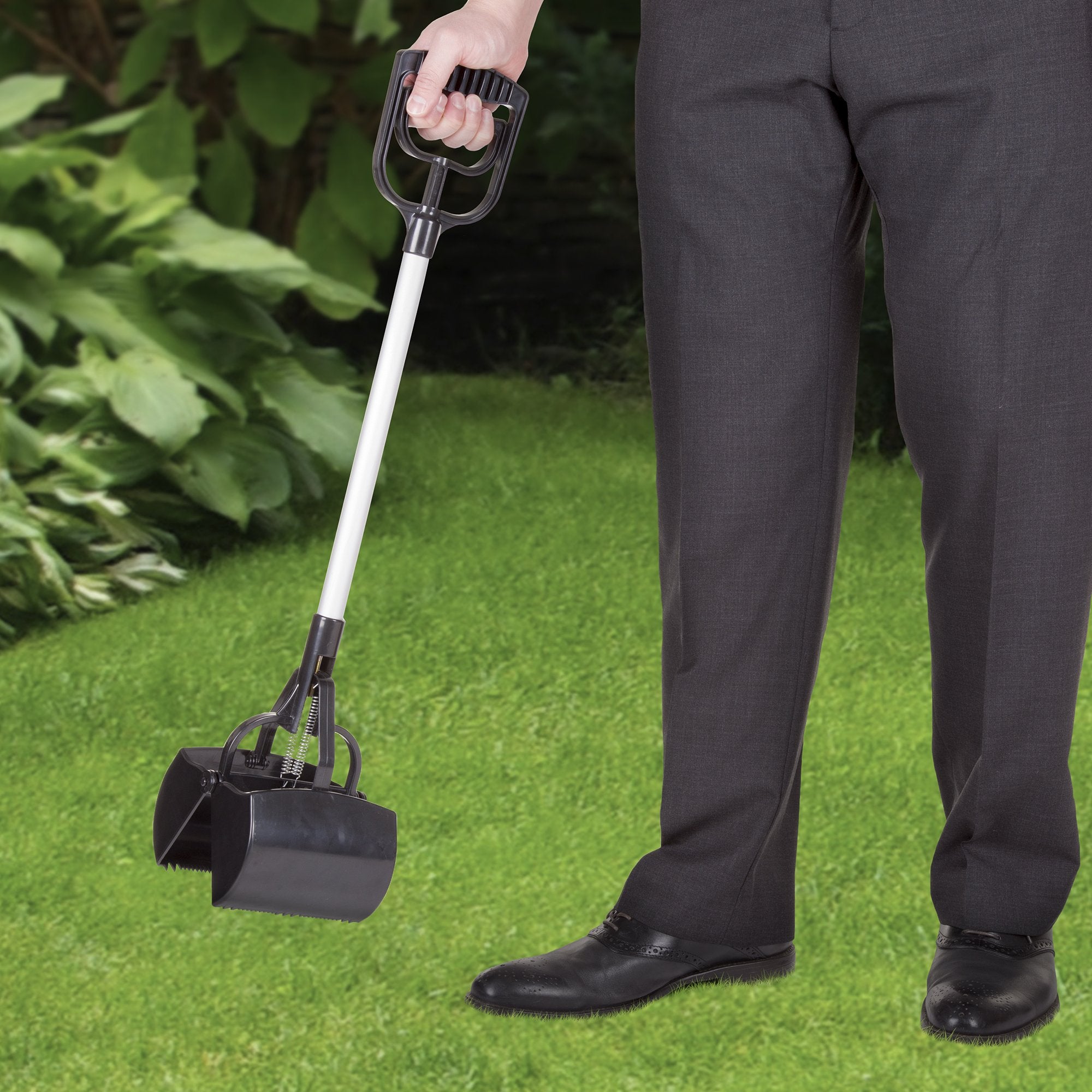 Pet Pooper Scooper - Plastic and Aluminum Cat and Dog Poop Grabber with Long Handle - Enables One-Handed Use on Concrete and Gra