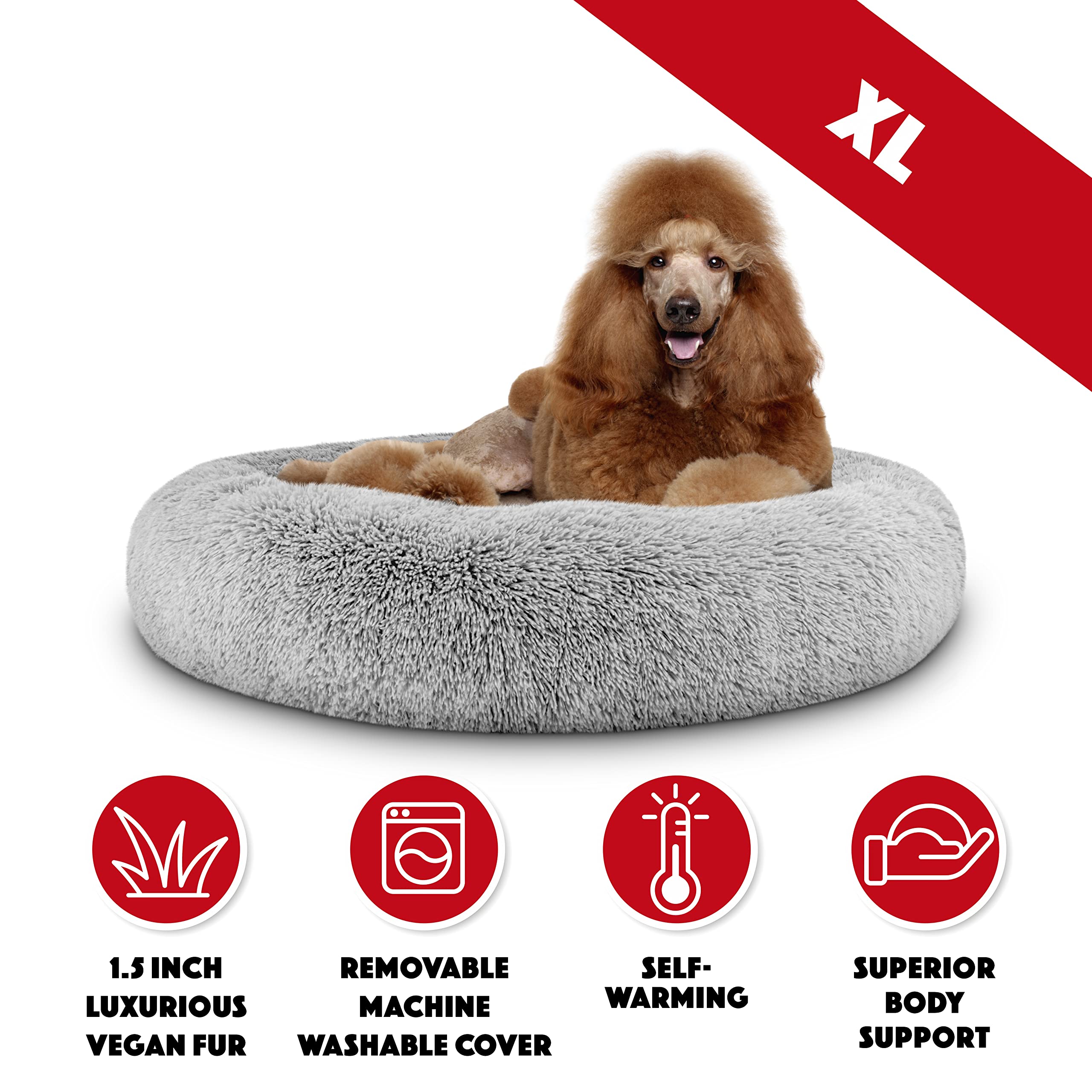 The Dogs Bed Sound Sleep Donut Dog Bed, XL Silver Grey Fur Calming Nest Bed Removable Cover, Veterinary Approved
