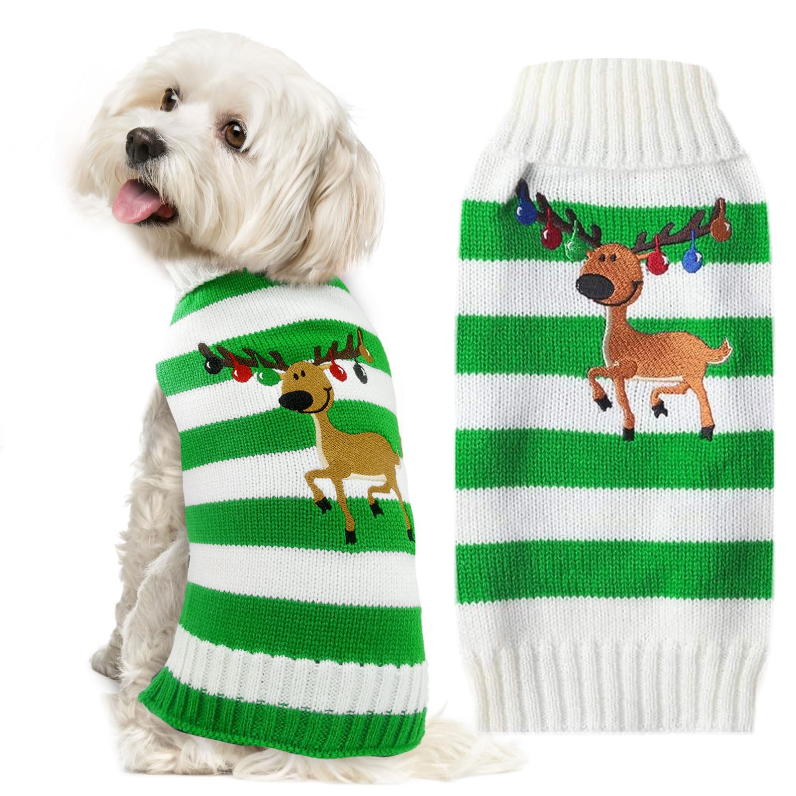 Doggyzstyle Christmas Dog Sweaters Xmas Pet Outfits Striped Elk Costume Holiday Clothes Gifts Puppy Cat Knitted Jumpers (Xl,Gree