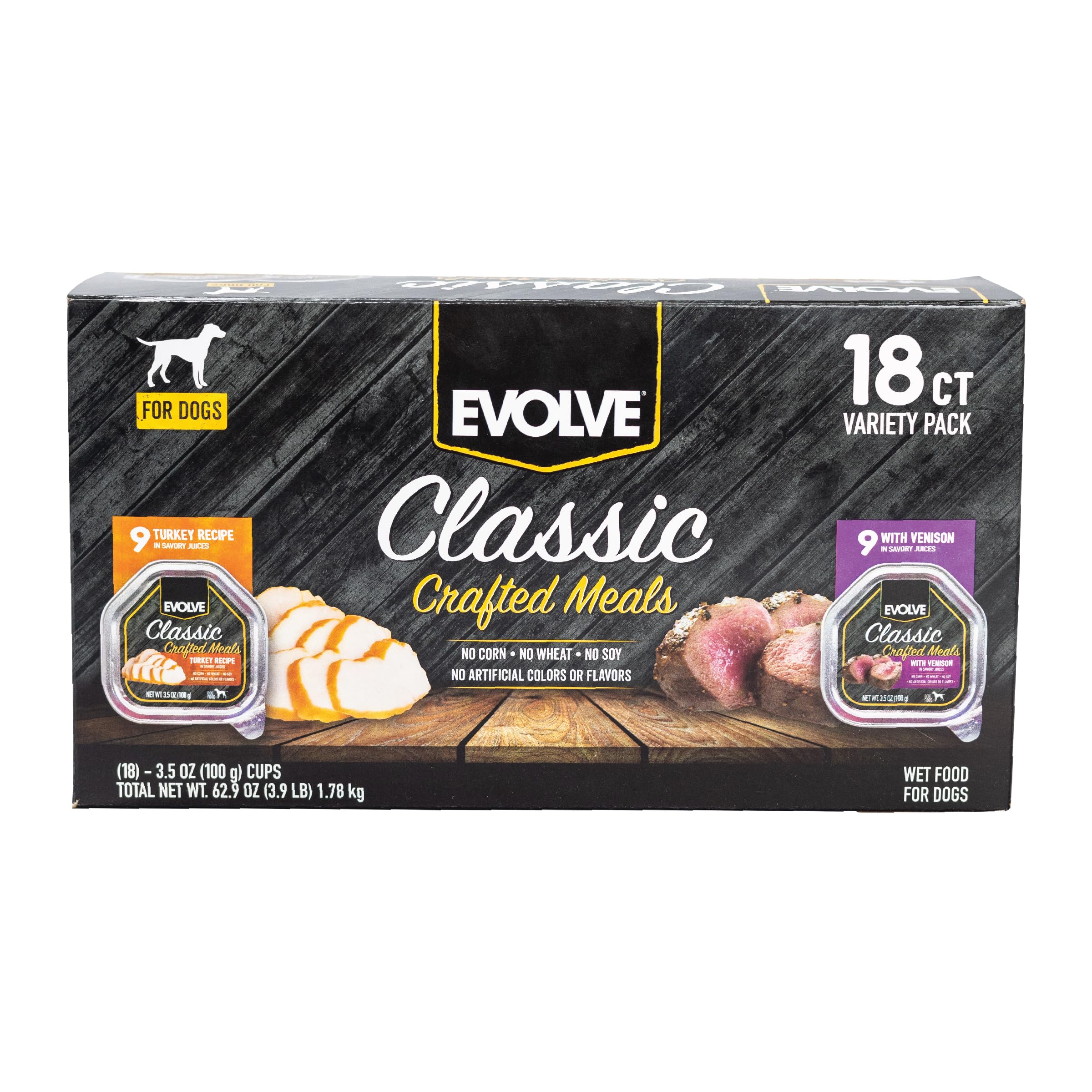 Evolve Classic Crafted Meals Variety Pack Turkey Recipe & with Venison Wet Dog Food | 3.5 oz - 18 pack