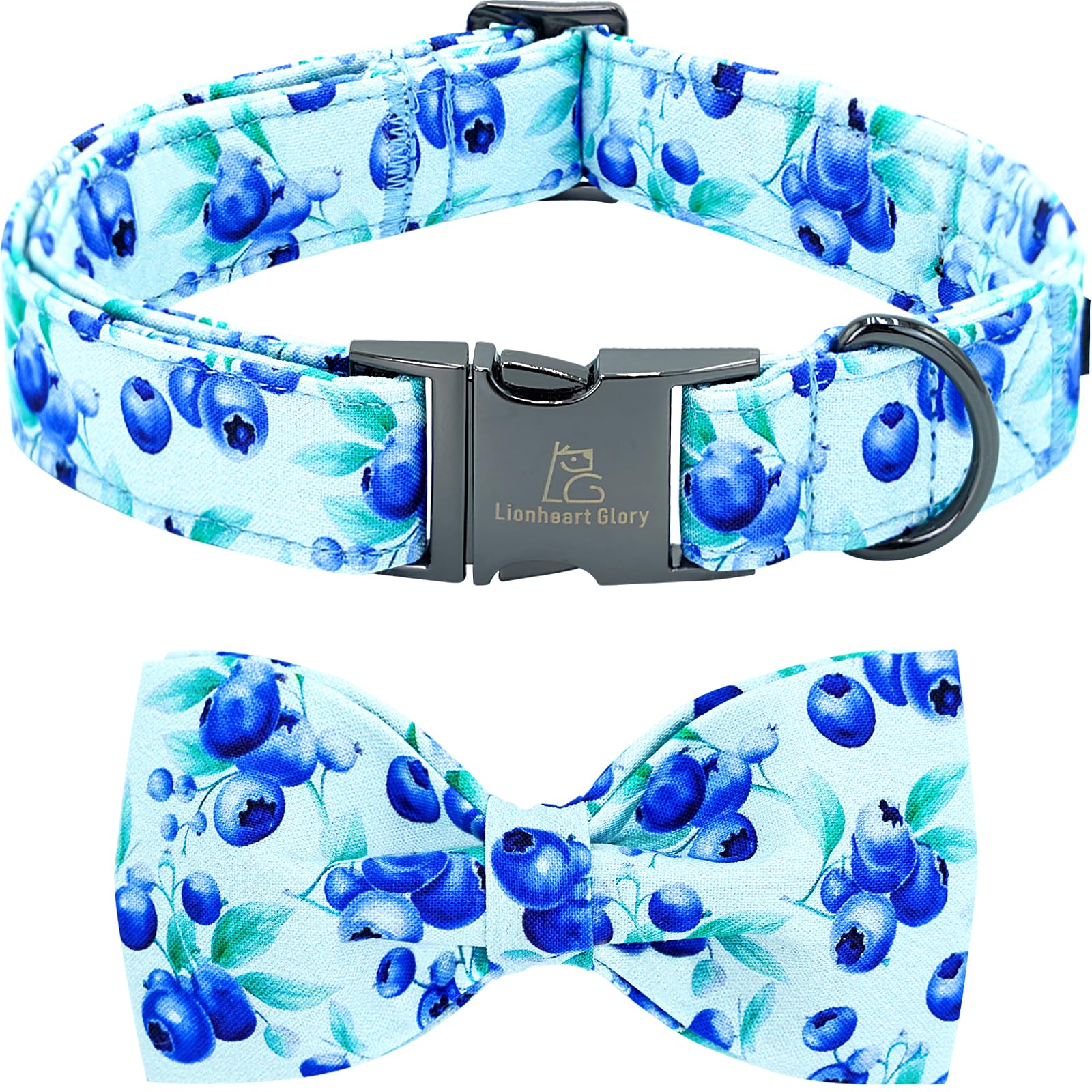 Lionheart Glory Dog Bow Collar Blueberries Print Collars For Small Dogs, Spring Summer Cute Duty Adjustable Dog Collar With Bowt