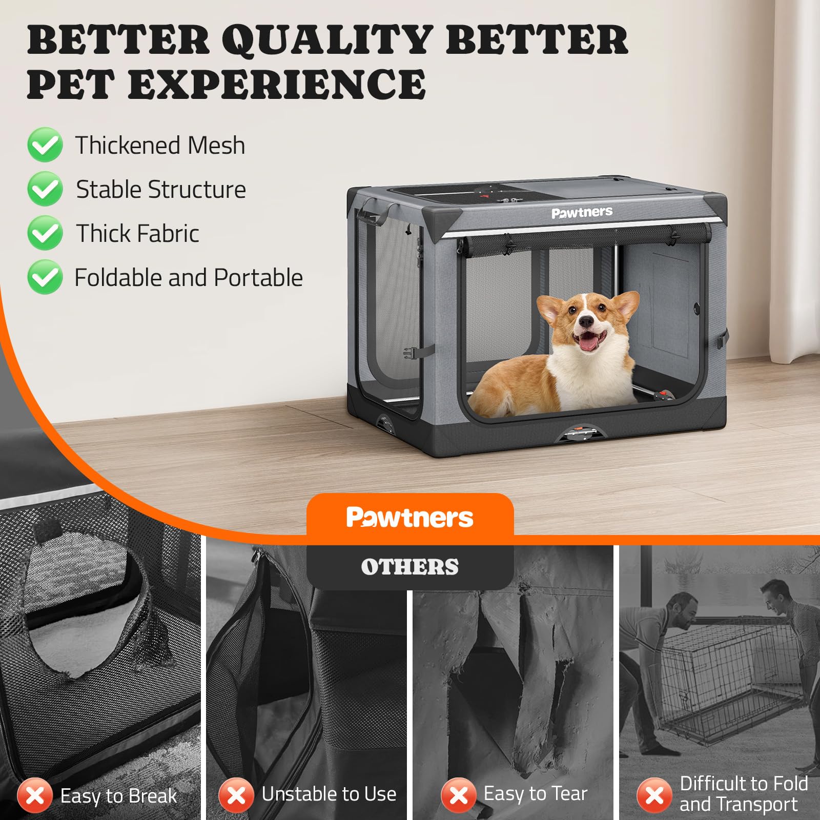 Pawtners Collapsible Dog Crate - Portable Soft-Sided Kennel for Medium Dogs, Grey, 30" L x 21" W x 21" H, Indoor/Outdoor Use