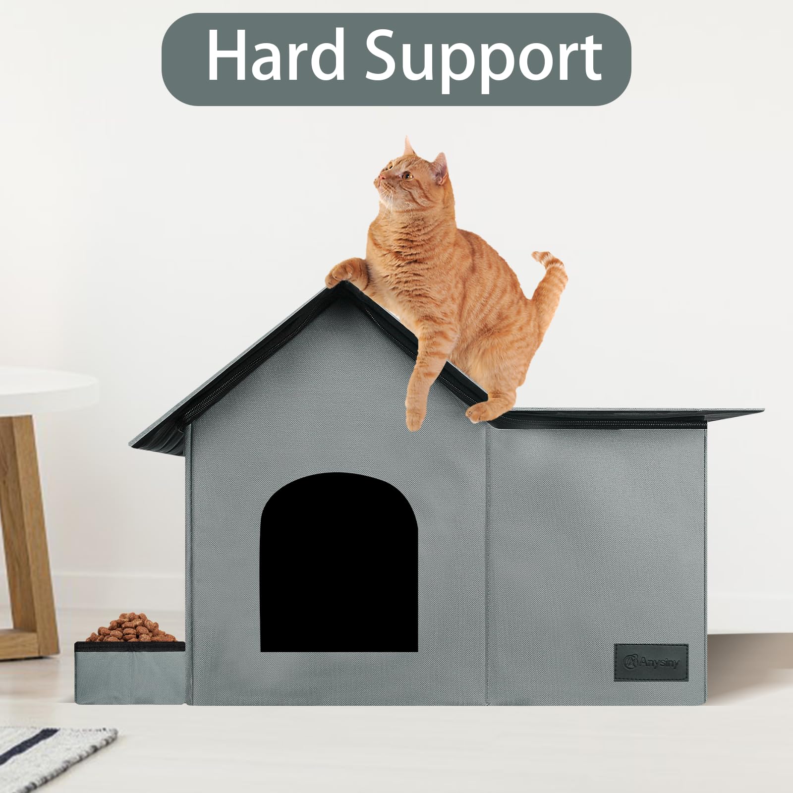Anysiny Cat House - Large Weatherproof Shelter for Outdoor Cats, Gray, Polyester, Model Cat-04 with Removable Mat and Bowl