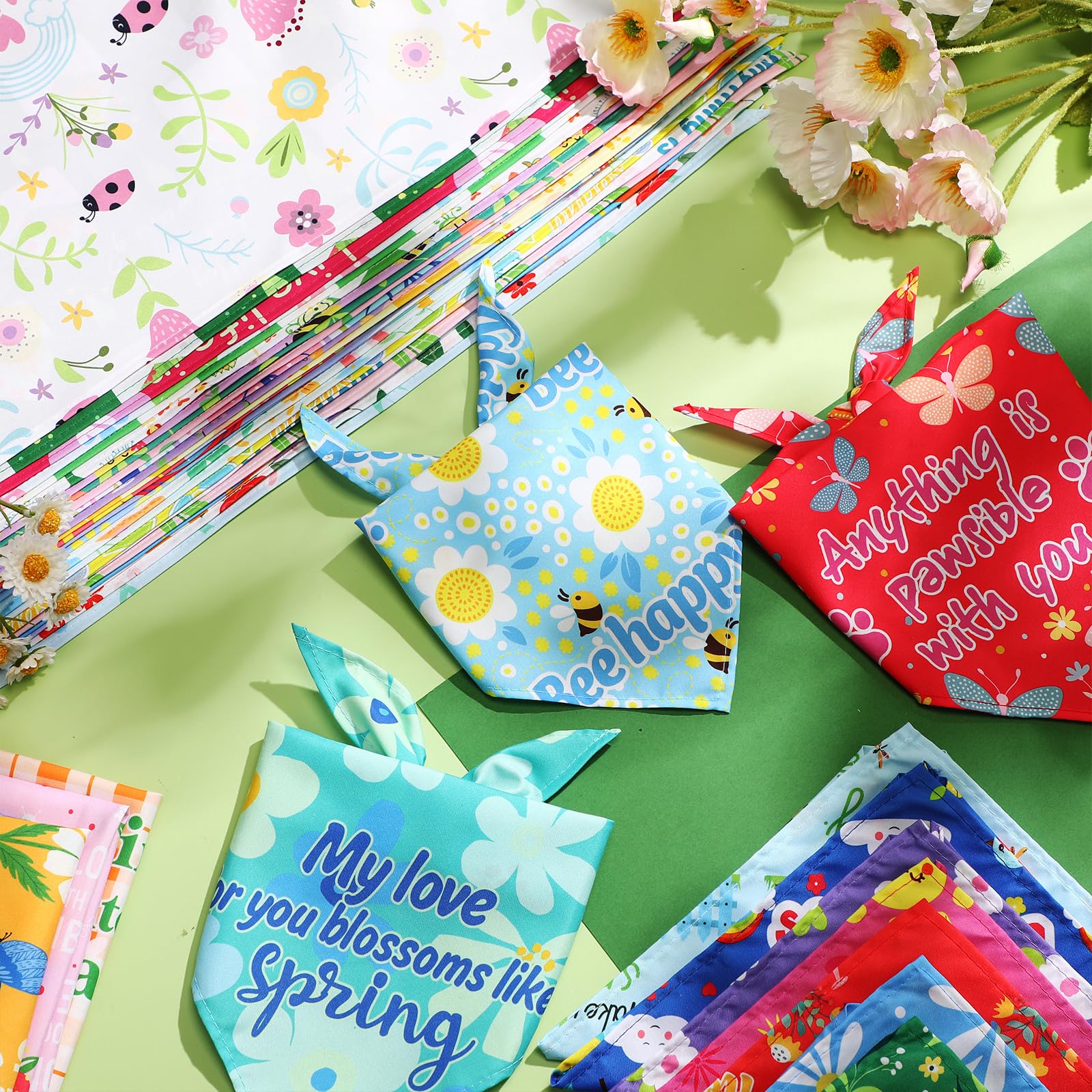 Kacctyen 200 Pcs Dog Bandana Bulk For Groomers With Sayings Spring Floral Printed Pet Triangle Scarf Bibs Washable Puppy Kerchie