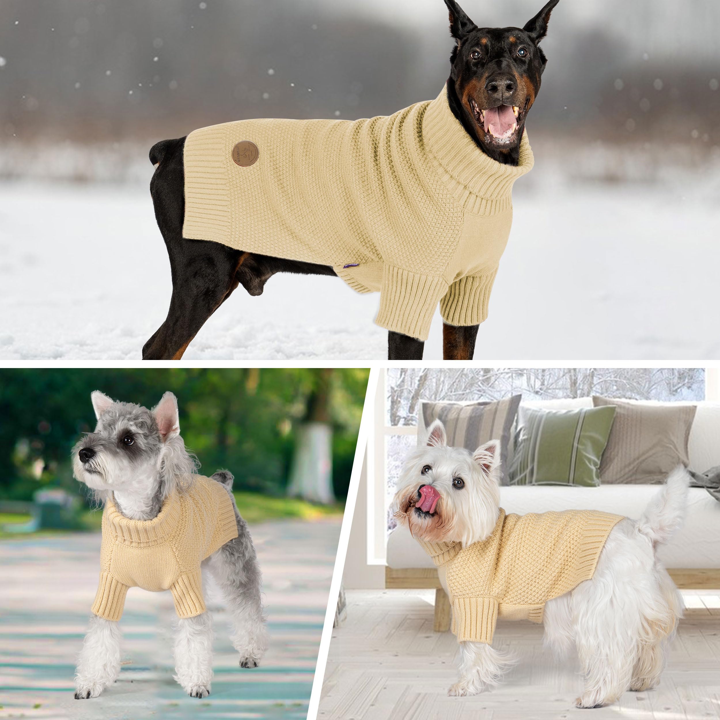 Cyeollo Dog Sweater Turtleneck Knitted Sweaters With Leash Hole Winter Dog Clothes Sweaters For Small Dogs, Beige Xl