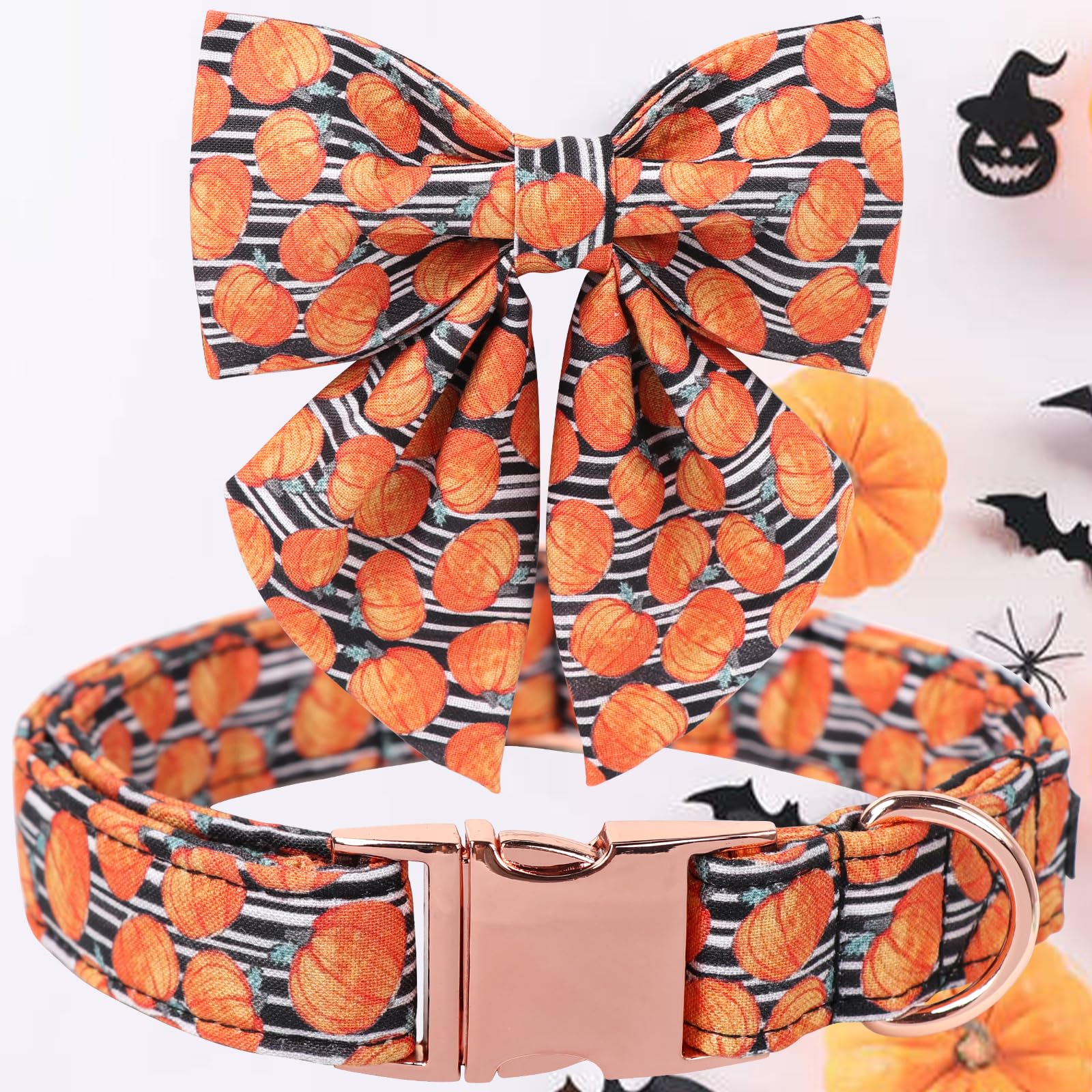 Maca Bates Halloween Pumpkin Dog Collar With Bow Bowtie For Dogs Sailor Bow Tie Adjustable Breakaway Cute Collars Accessories Fall Gift For Small Medium Large Xl Puppy With Golden Metal Buckle