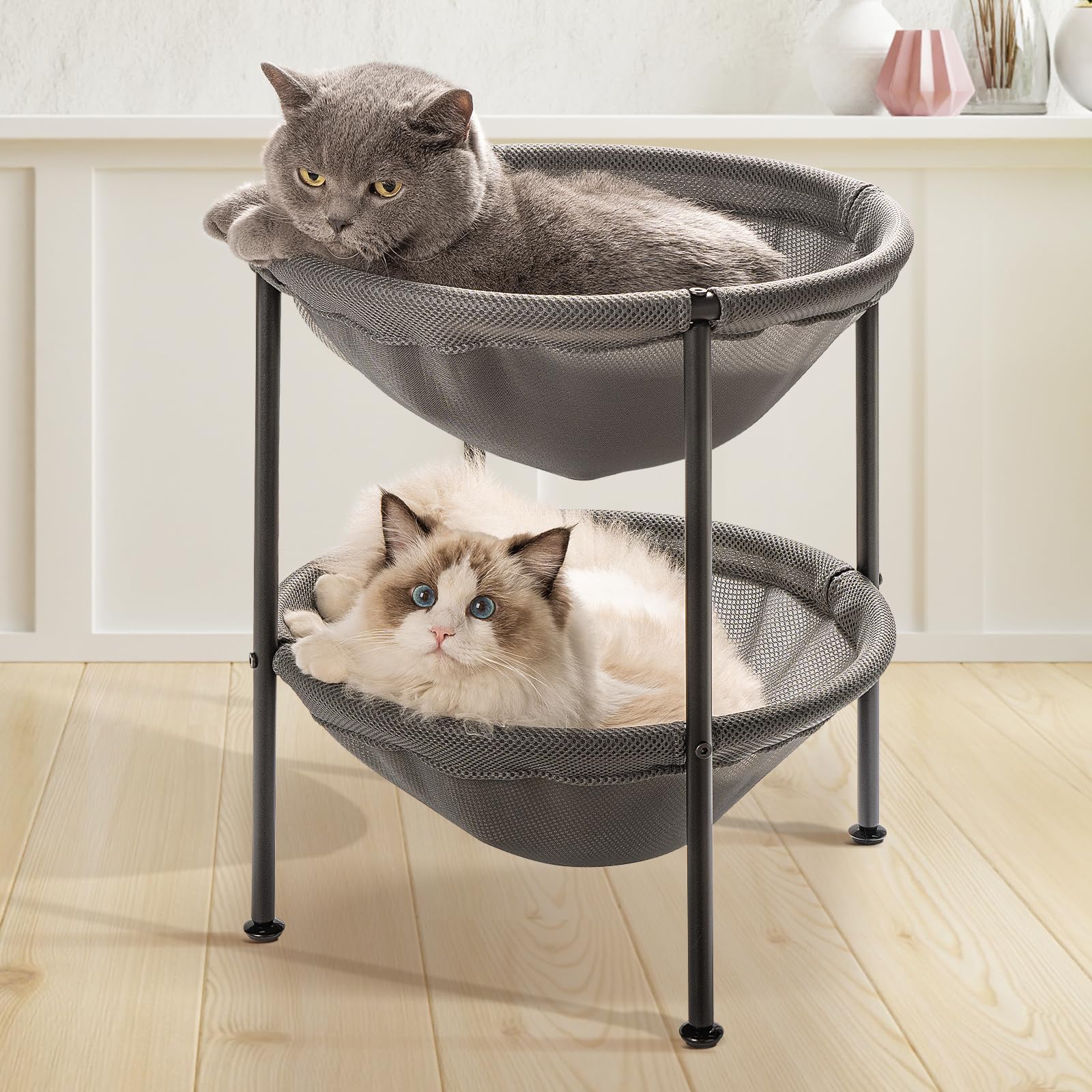 Junspow Double Cat Bed Grey, Breathable Kitty Bed For 2 Cats With 4 Adjustable Feet & Anti-Slip Mats, Easy Assembly Cat Hammock 