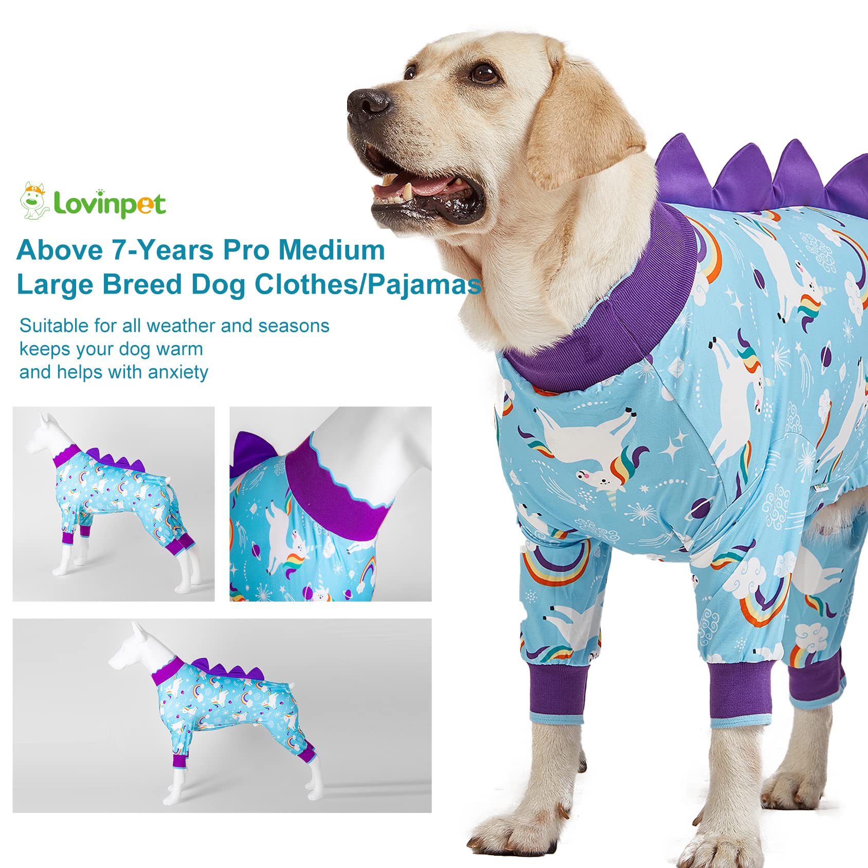 Lovinpet Xxl Dog Pjs, Anti Licking Dog Recovery Clothes, Kightweight Onesie, Starlight Rainbow/Wild Horse Prints Dog Clothing, Uv Protection, Adorable Pet Pj'S /2Xl