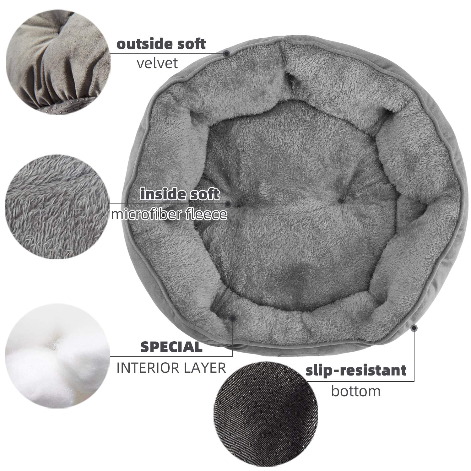 Asvin Medium Dog Bed - Soft Fleece Pet Bed for Dogs & Cats, Grey, 25 inches, Machine Washable, Anti-Slip, Water-Resistant