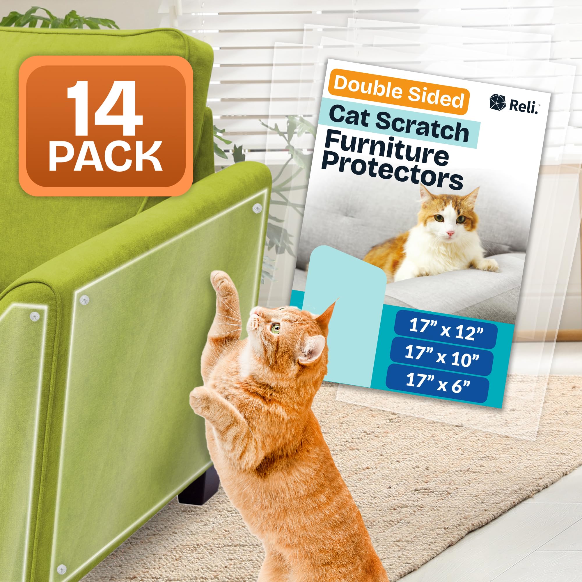 Reli. Cat Scratch Furniture Protector (14 Pack, Double Sided), Combo Pack | Cat Couch Protector From Claws/Clear Anti Scratch Fu