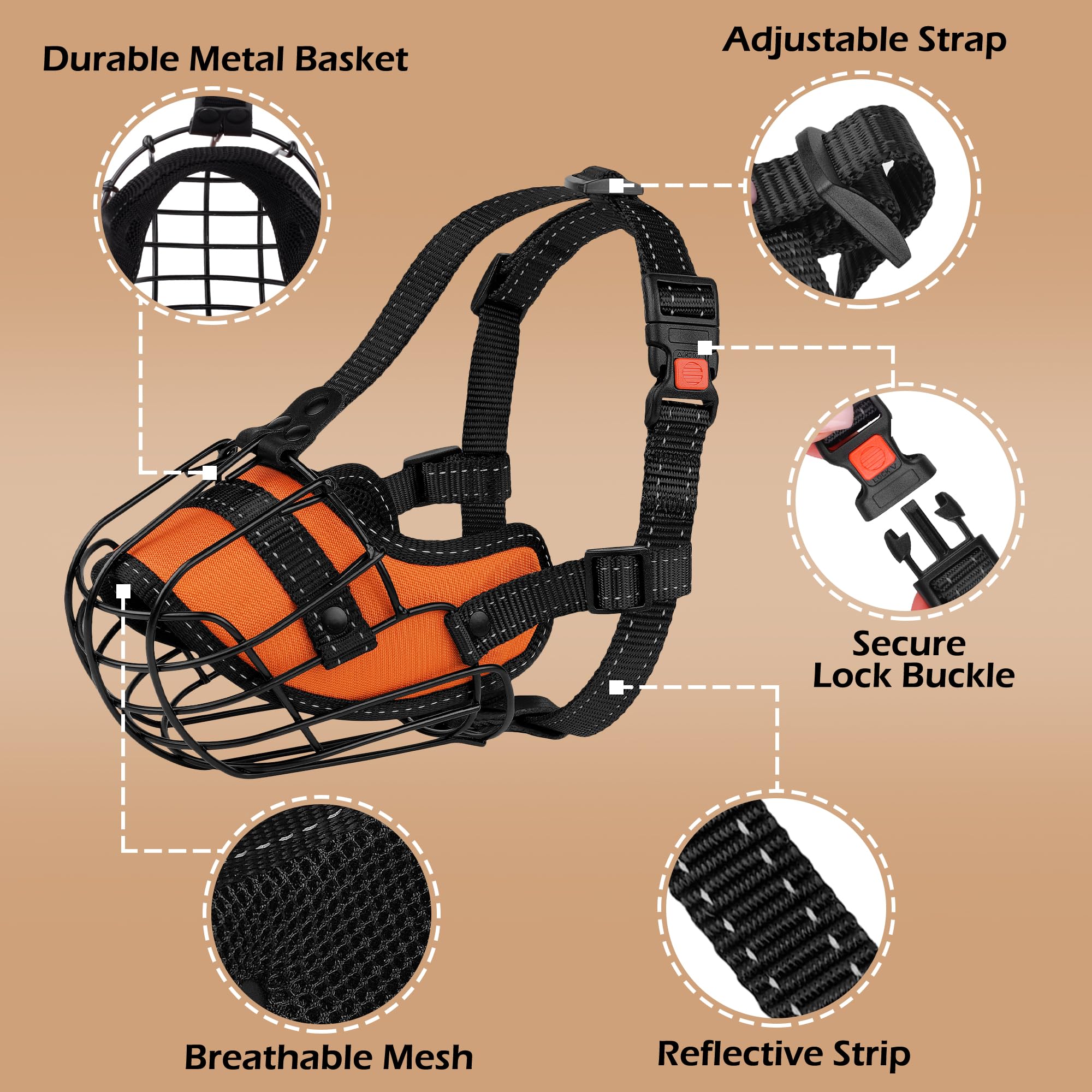 OOPSDOGGY Pitbull Dog Muzzle - Reflective Metal Basket Muzzle, Secure Design, Adjustable Nylon Straps, Orange, Size: Pitbull