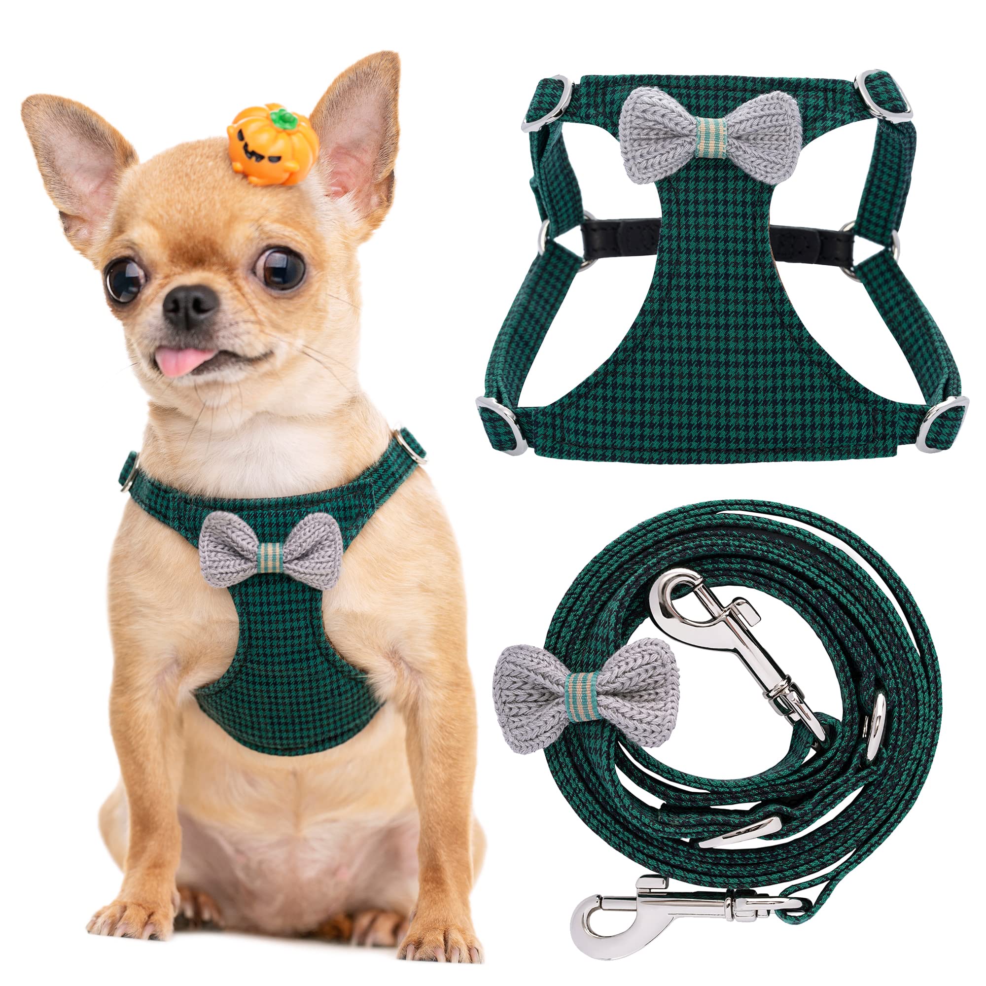 Puppytie No Pull Xs Dog Harness With Multifunction Dog Leash,Soft Adjustable No Choke Escape Proof Pet Harness Vest,Knitted Gree