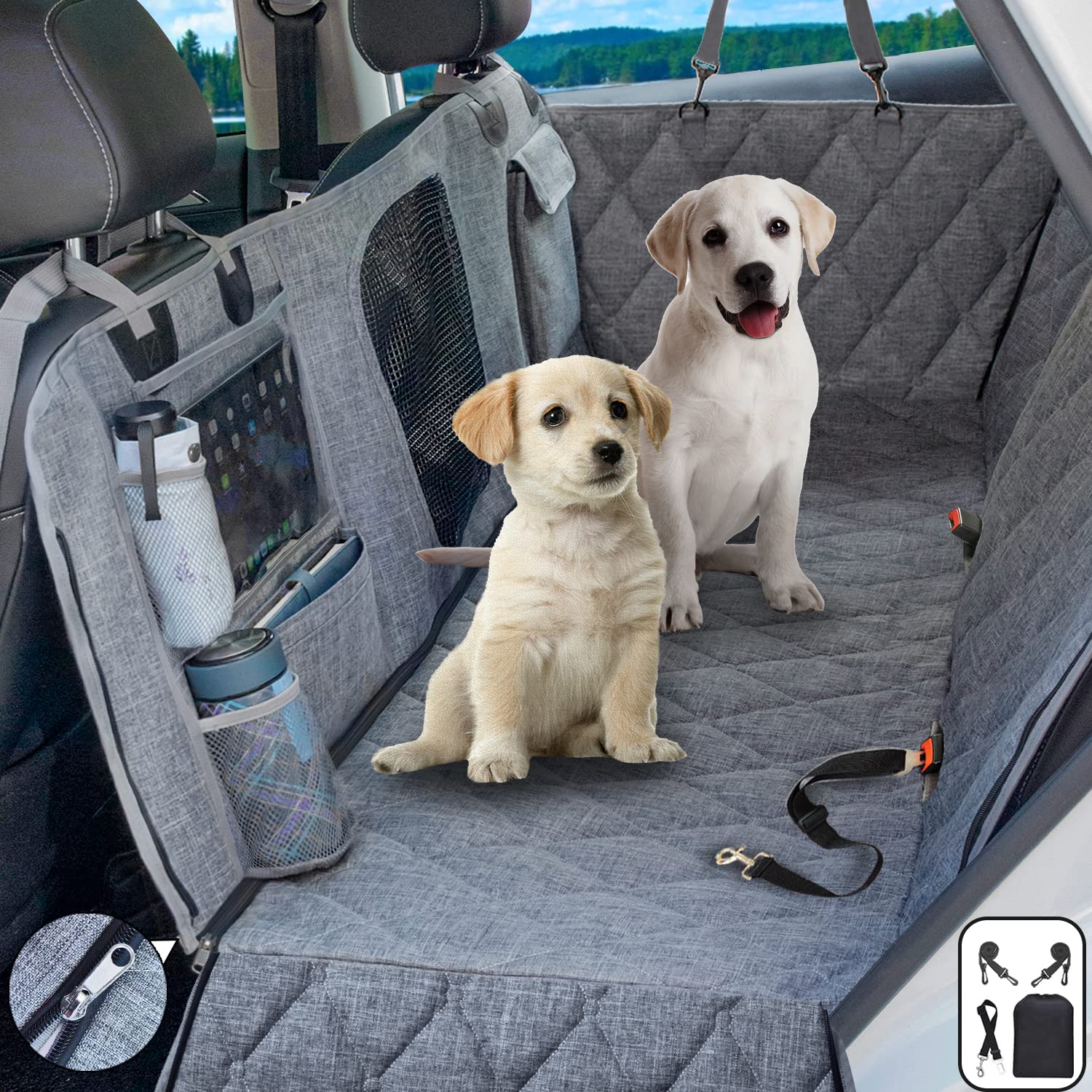 Sevvis Dog Hammock For Car, Suv, Pet Car Seat Cover With Mesh Window,Car Hammock For Dogs Back Seat, Gray