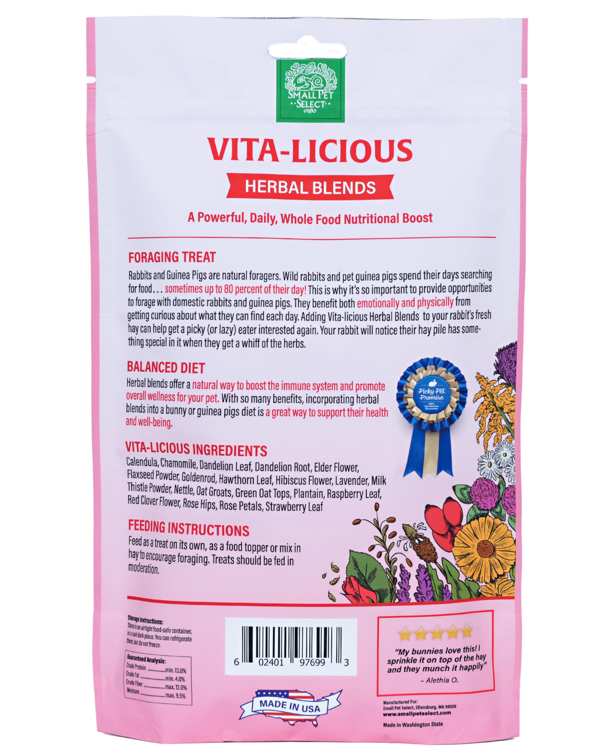 Small Pet Select - Vita-Licious Herbal Blend, a Natural Herbal Treat for Rabbits, Guinea Pigs, Hamsters, Gerbils, and Mice, 4.4o