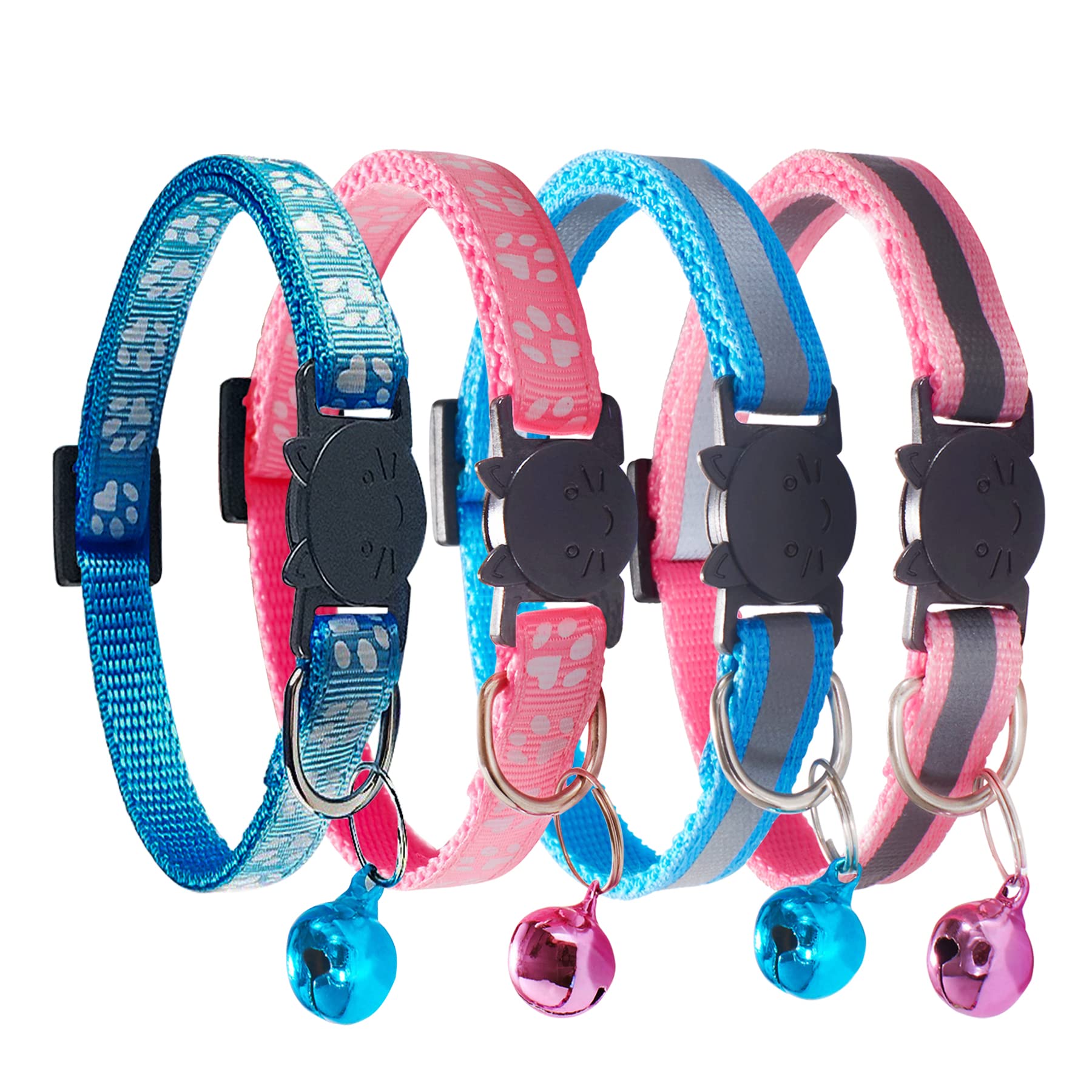 D-Buy Cat Collars, Cat Collars With Bell, Breakaway Cat Collars, Reflective Cat Collars, Nylon Cat Collars With Bell, Collars For Cats, Collars For Puppies (2 Pink + 2 Sky Blue)