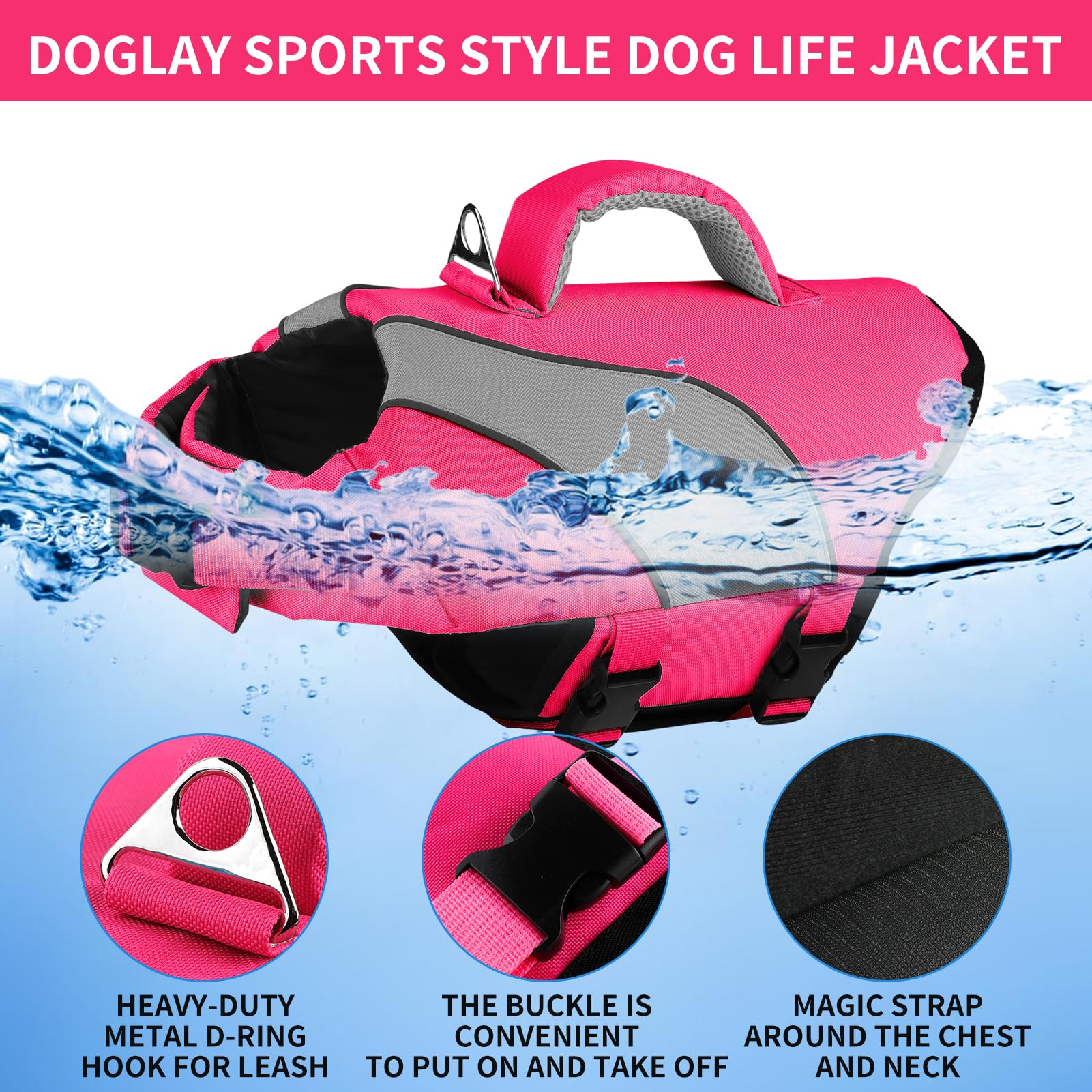Doglay Dog Life Jacket, Adjustable & Reflective Dog Life Vest For Swimming And Boating, High Buoyancy Swimming Safety Vest With