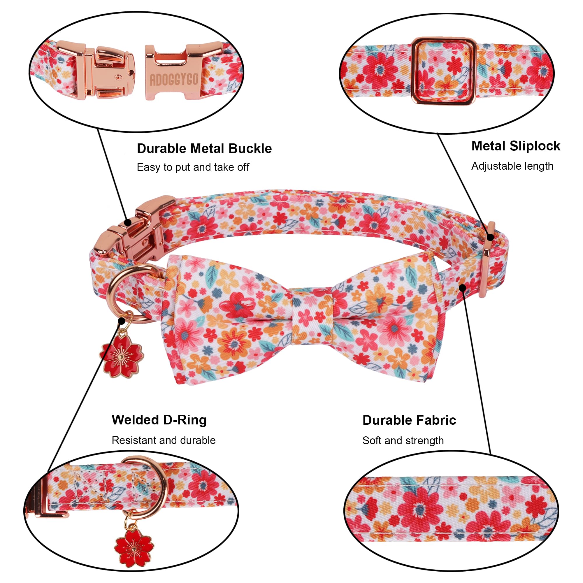 Adoggygo Floral Dog Collar With Bow, Metal Buckle, Adjustable Red Pink Pet Flower Collar For Medium Large Dogs (Large)