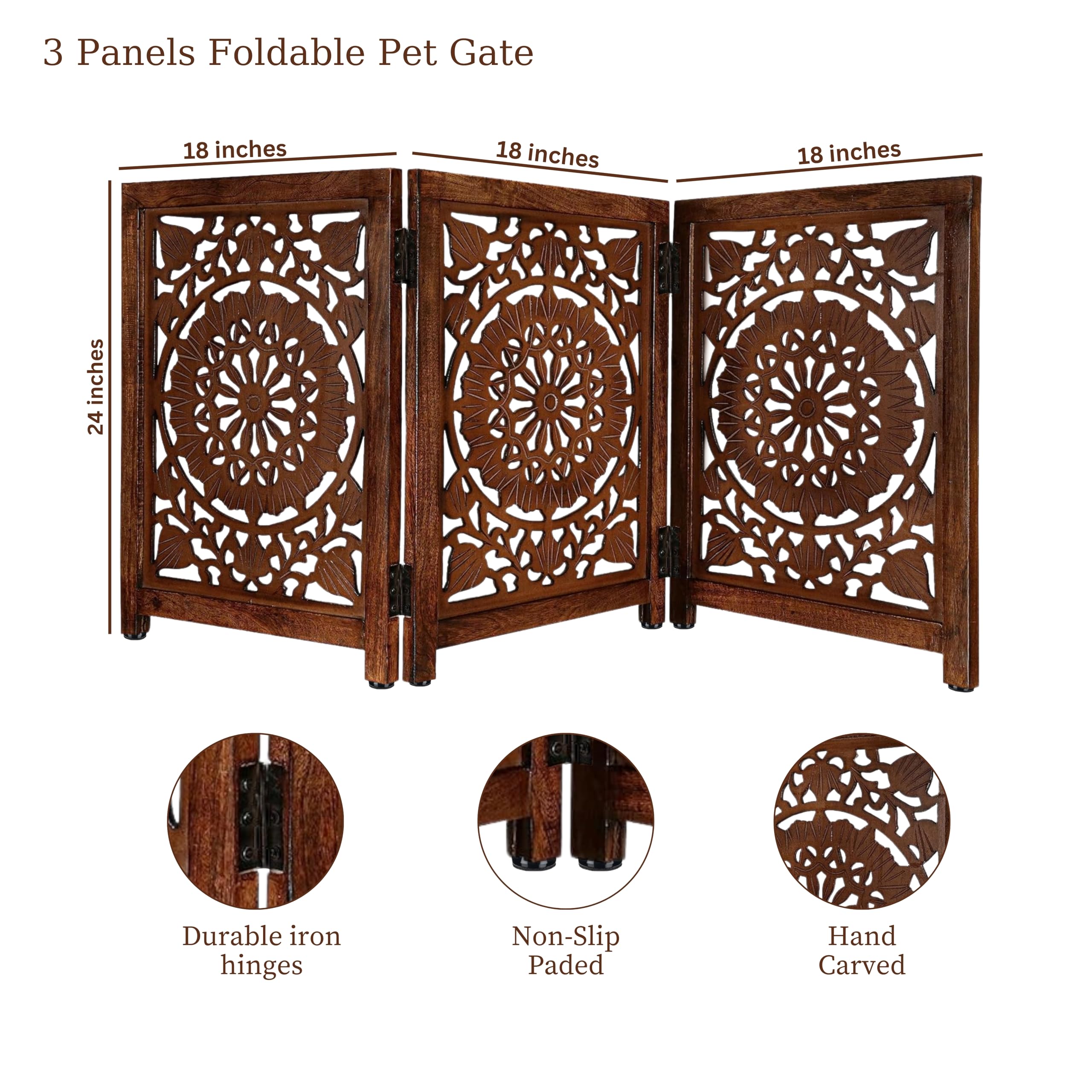 Lightnpro Carved Wooden Dog Gate - Freestanding Foldable Indoor Pet Gate, Extra-Wide Safety Barrier for Dogs & Puppies, Ideal fo