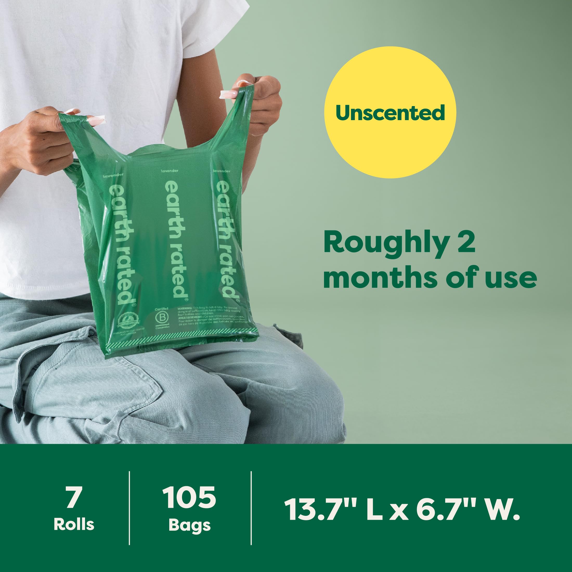 Earth Rated Dog Poop Bags With Handles On Refill Rolls, Easy-Tie On A Compact Roll, Extra Wide Opening, Guaranteed Leak-Proof, Unscented, 105 Count