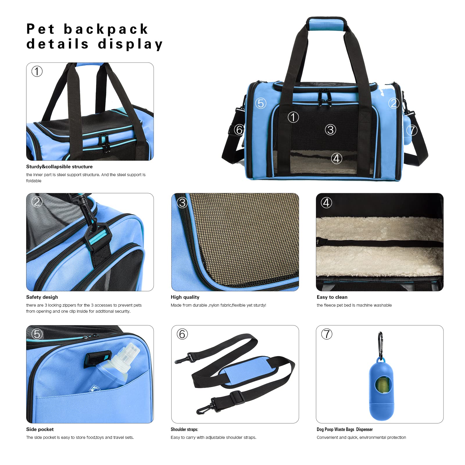 Rosebb Cat Carrier Dog Carrier Pet Carrier Cat Bags For Small Medium Cats Dogs Puppies Of 15 Lbs,Of Airline Approved Small Dog Bag Soft Sided,Collapsible Travel Puppy Carrier (Large, Blue)