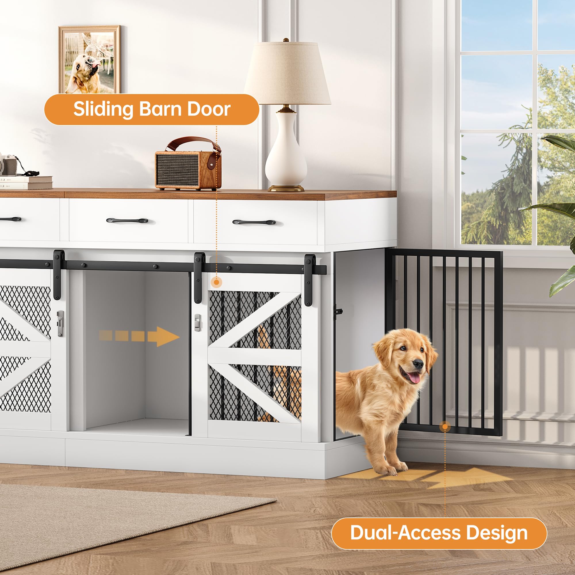 OtterOasis Extra Large Wooden Dog Crate for 2 Dogs, 71'' Indoor Kennel with Removable Divider & 4 Storage Drawers, Model HKJJ-CWSGL